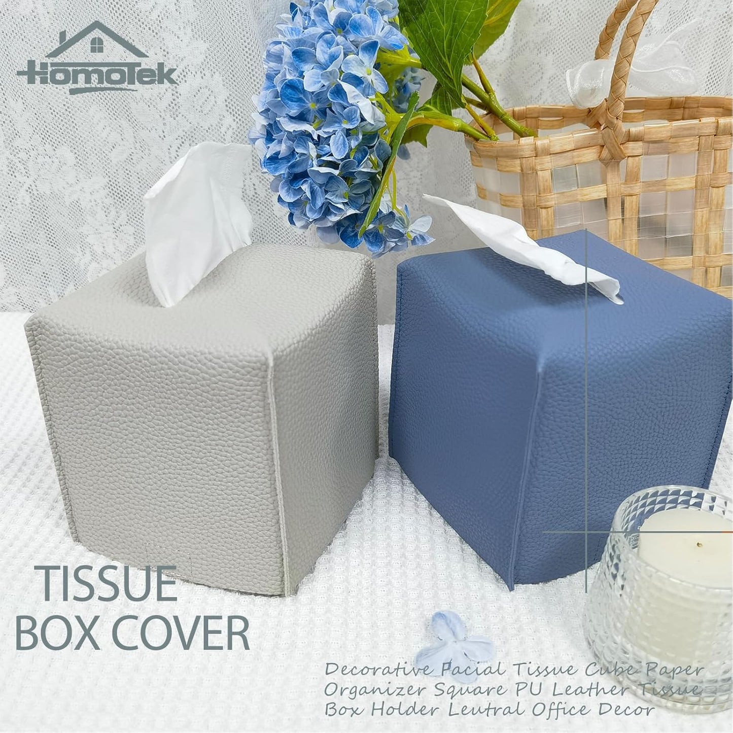 HOMOTEK 2 Pack Tissue Box Cover, Square PU Leather Tissue Holder, Decorative Facial Tissue Cube Paper Organizer Dispenser for Bathroom, Night Stands, Desk, Car 5X5X5'' - Light Gray, Pebble Grain