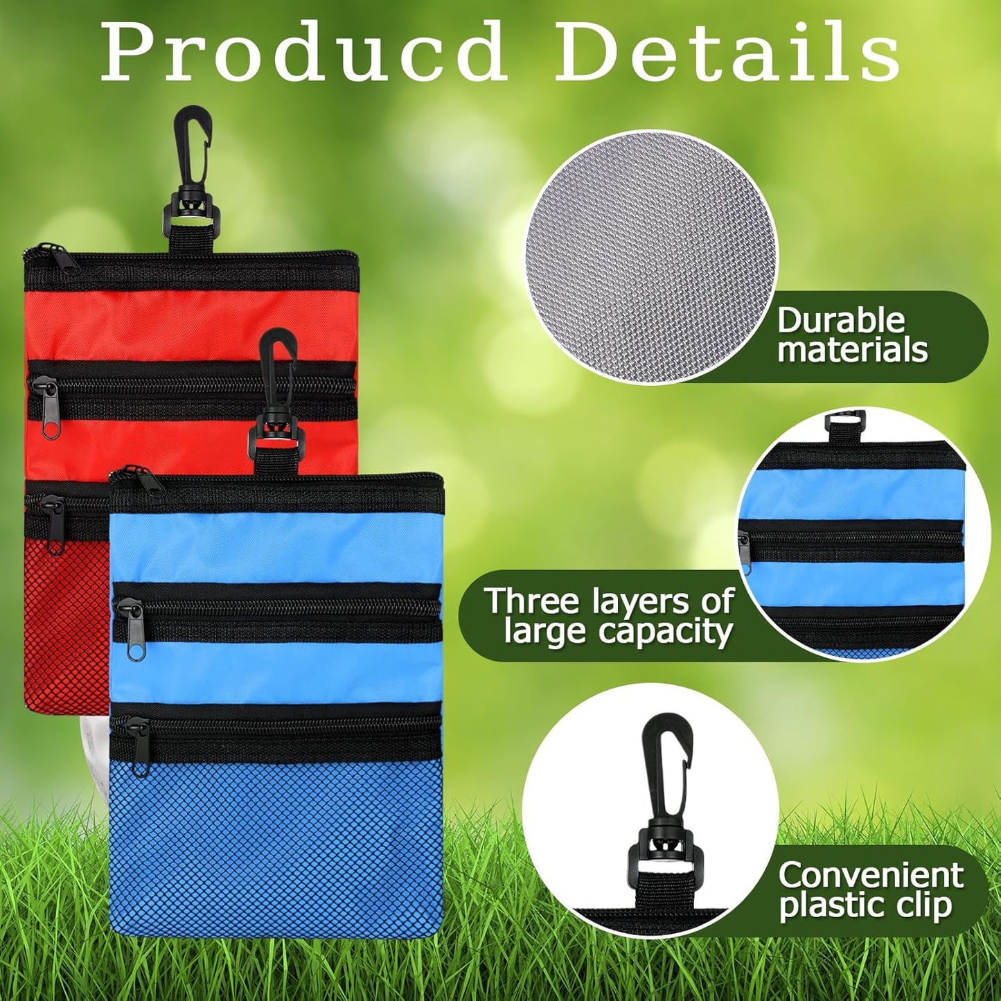4 Pcs Golf Tee Holder 3 Zippered Golf Pouch Bag for Valuables Portable Ball Accessory Pouch for Men with Clip to Bag for More Storage, Easy Access, Black, Red, Blue, Gray