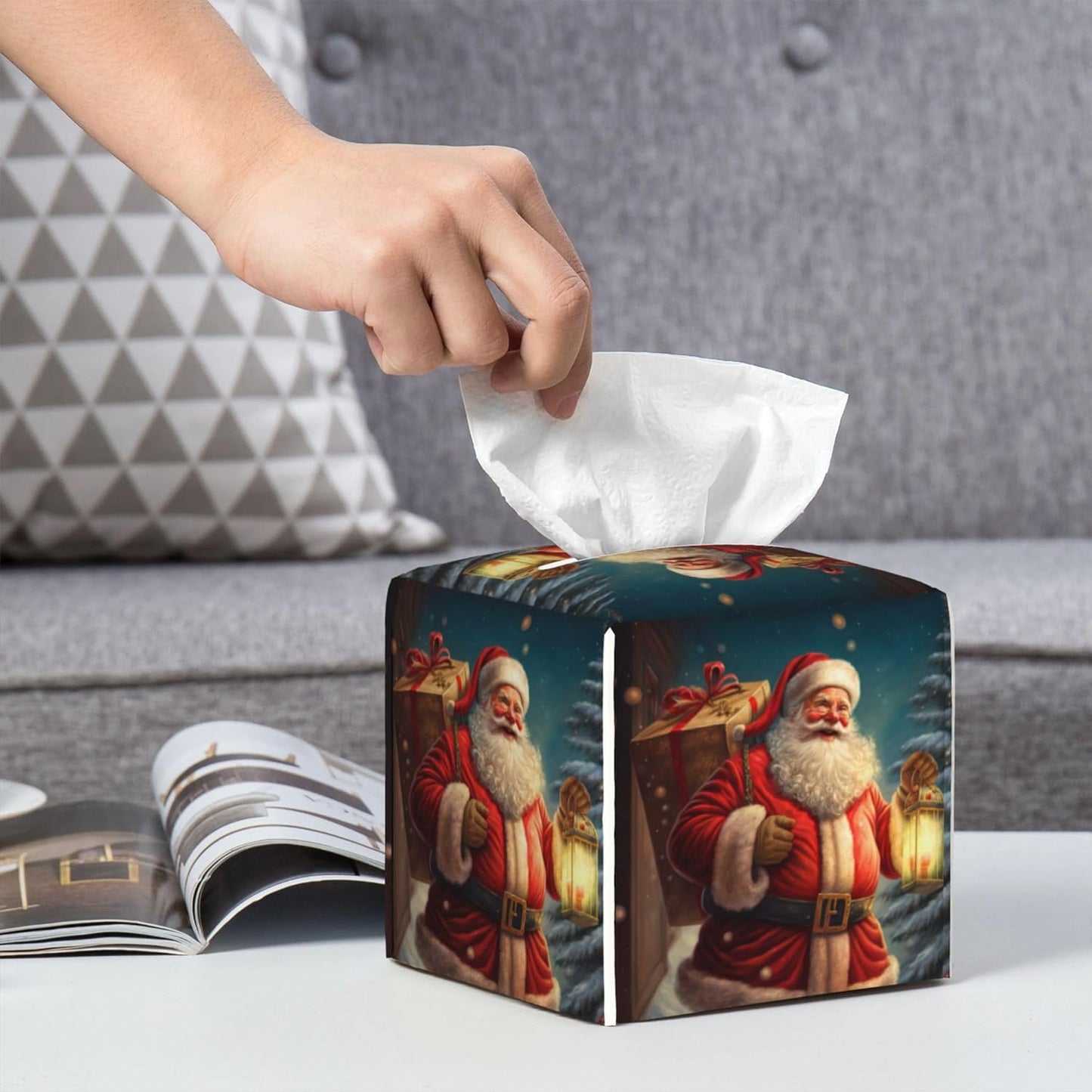 Christmas Santa Claus Tissue Box Cover Square,Merry Christmas Tissue Box Holder Waterproof Leather Facial Paper Organizer Dispenser for Bathroom Home Car Nightstand Vanity Desk