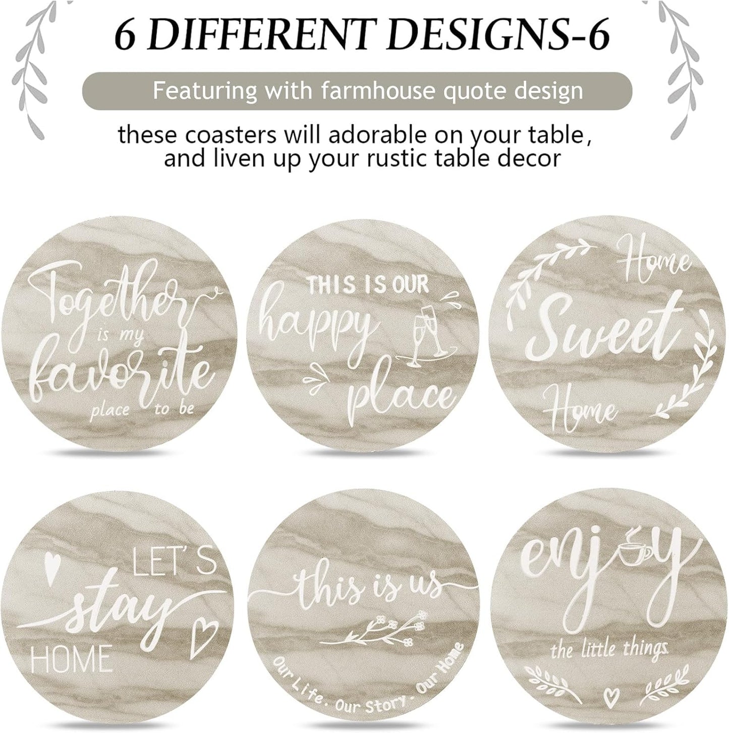 Queekay Housewarming Gifts for Home Decoration Wooden Heart Coasters for Drinks 6 Set Farmhouse Coasters with Holder Funny for Family Coffee Table Protection, 4''(Brown Marble)