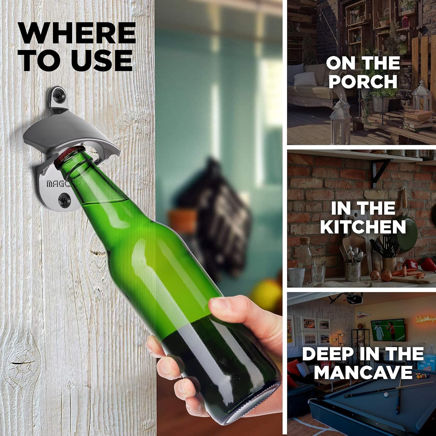 Outdoor Bottle Opener Wall Mounted - Style Magnetic Beer Bottle Opener that Catches Caps - Easy to Install and Incredibly Convenient (Gunmetal Black)