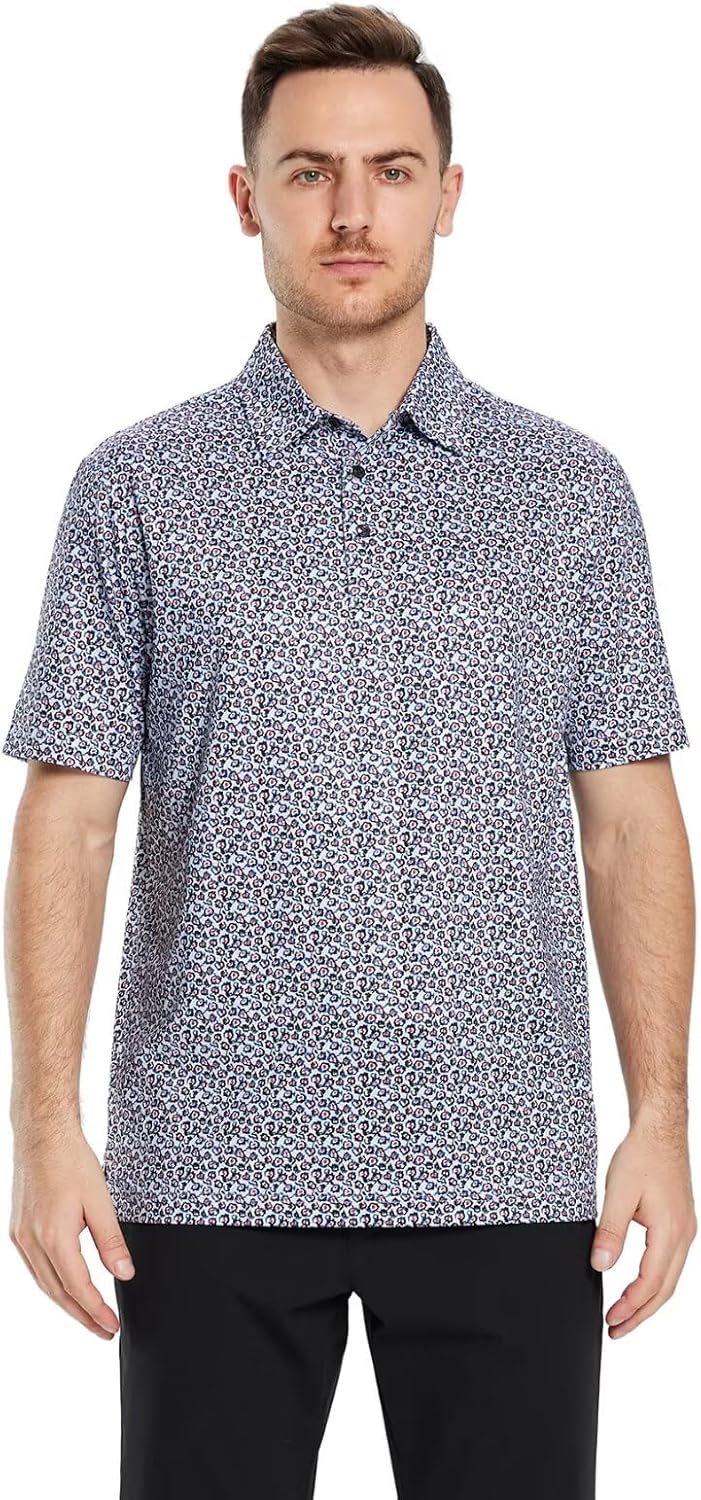 Golf Shirts for Men Dry Fit Short Sleeve Print Performance Moisture Wicking Polo Shirt
