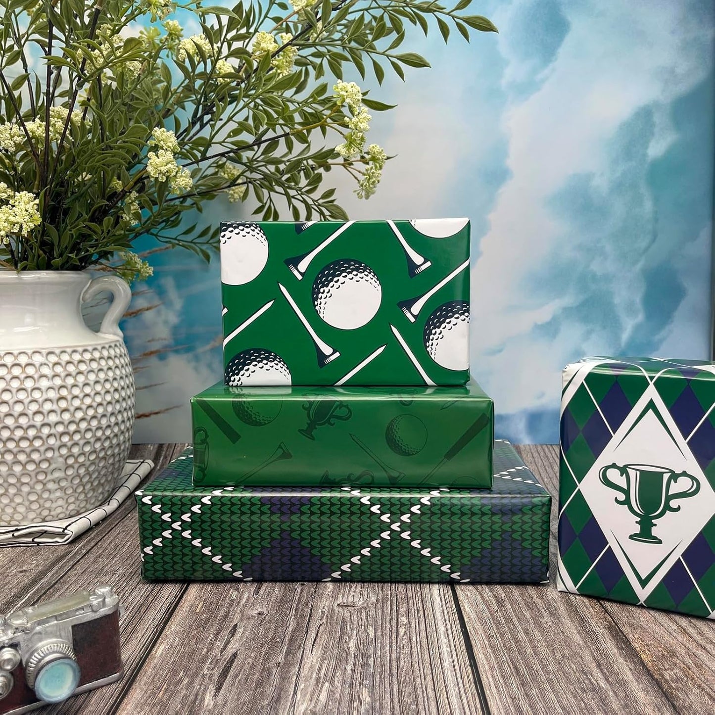 Dtiafu Golf Wrapping Paper for Men Boys Girls - 8 Sheets Green Elegant Gift Wrap with 4 Golf Champions Plaid Patterns for Birthday - Pre Cut& Folded Flat Design(20 X 27 Inch Per Sheet)