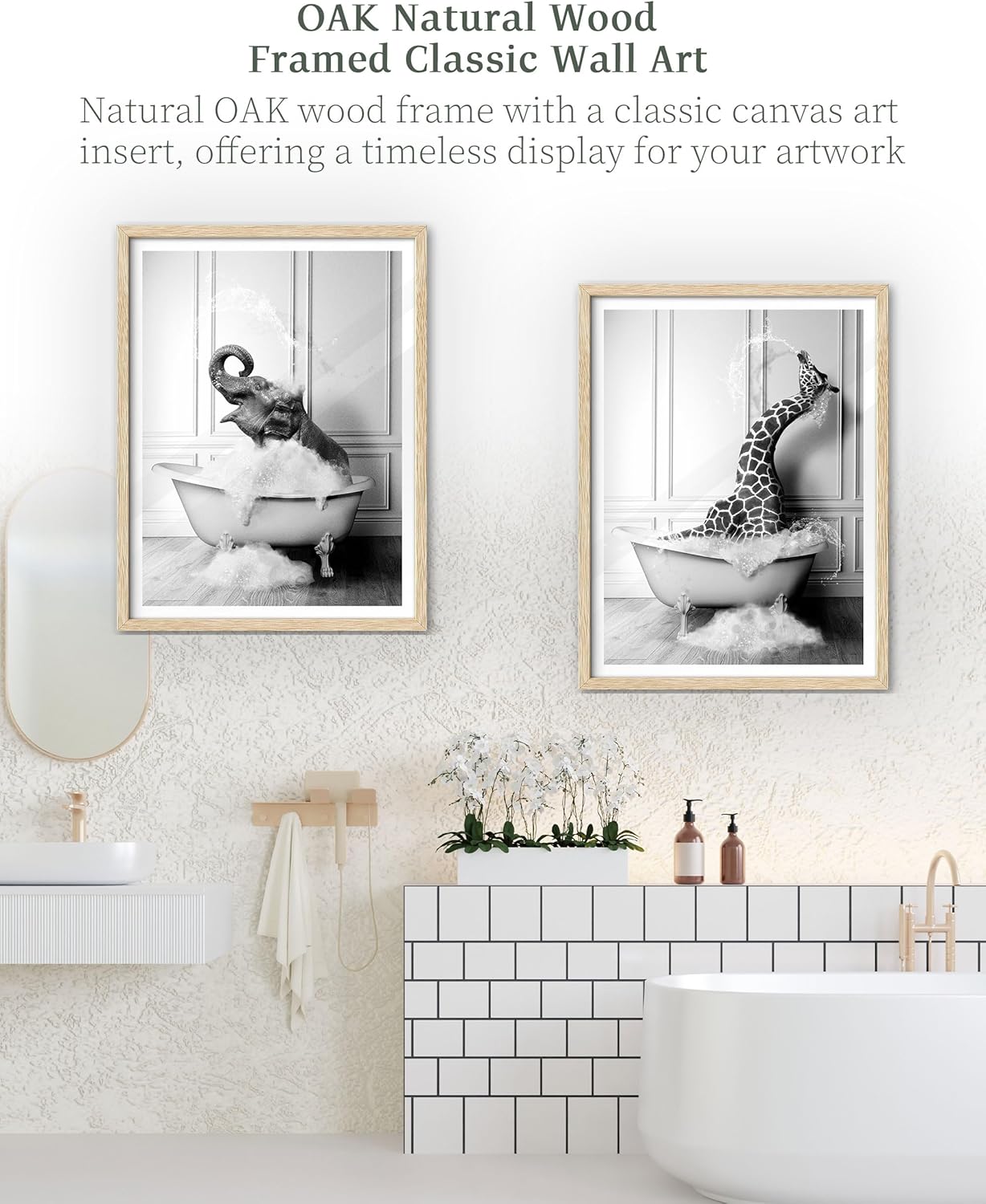 iHery Natural OAK Wood Framed Wall Art, 12x16 in Funny Bathroom Wall Art Decor, Elephant Bathing Animals Canvas Prints, Black and White Wall Decor Pictures For Bedroom Living Room Set of 1