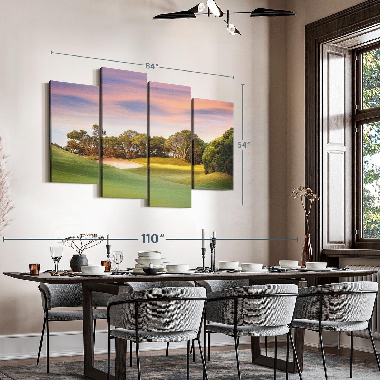 ElephantStock Golf Course Sundown Wall Art - Horizontal Canvas - 4-Piece Living Room Wall Decor - Photography Sports Canvas Print - Orange and Blue Decor for Wall - 84" X 54"