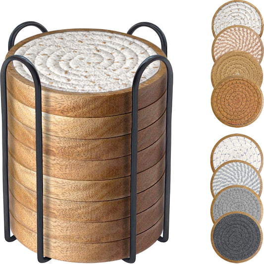 Coasters for Drinks Absorbent Sets of 8, Woven Coasters with Holder, Wood Coasters for Coffee Table, Housewarming Gift for Farmhouse Home Decor, 4 inches Brown & Gray