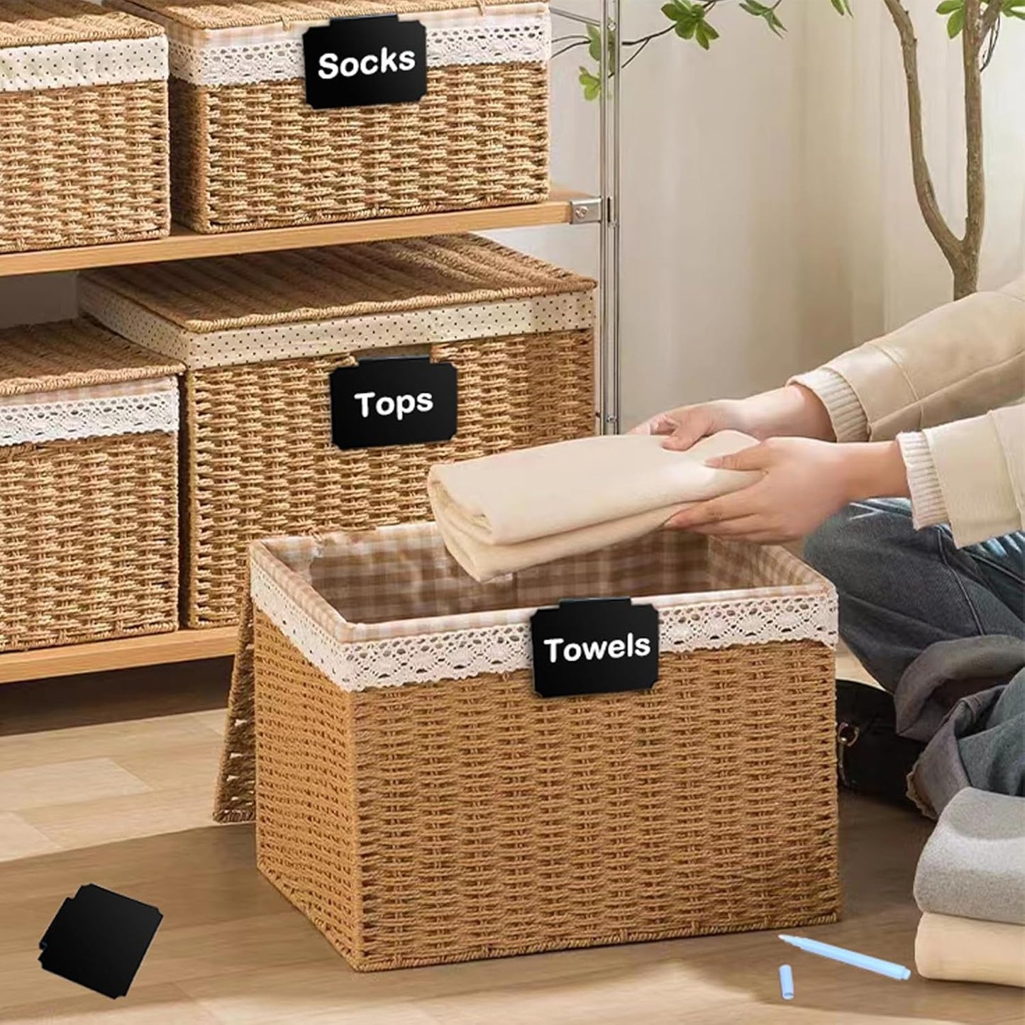 Basket Labels Clip Set - 12 Removable PVC Bin Label Holders with 2 Chalk Markers - Kitchen Clip Labels for Storage Baskets, Boxes, and Containers