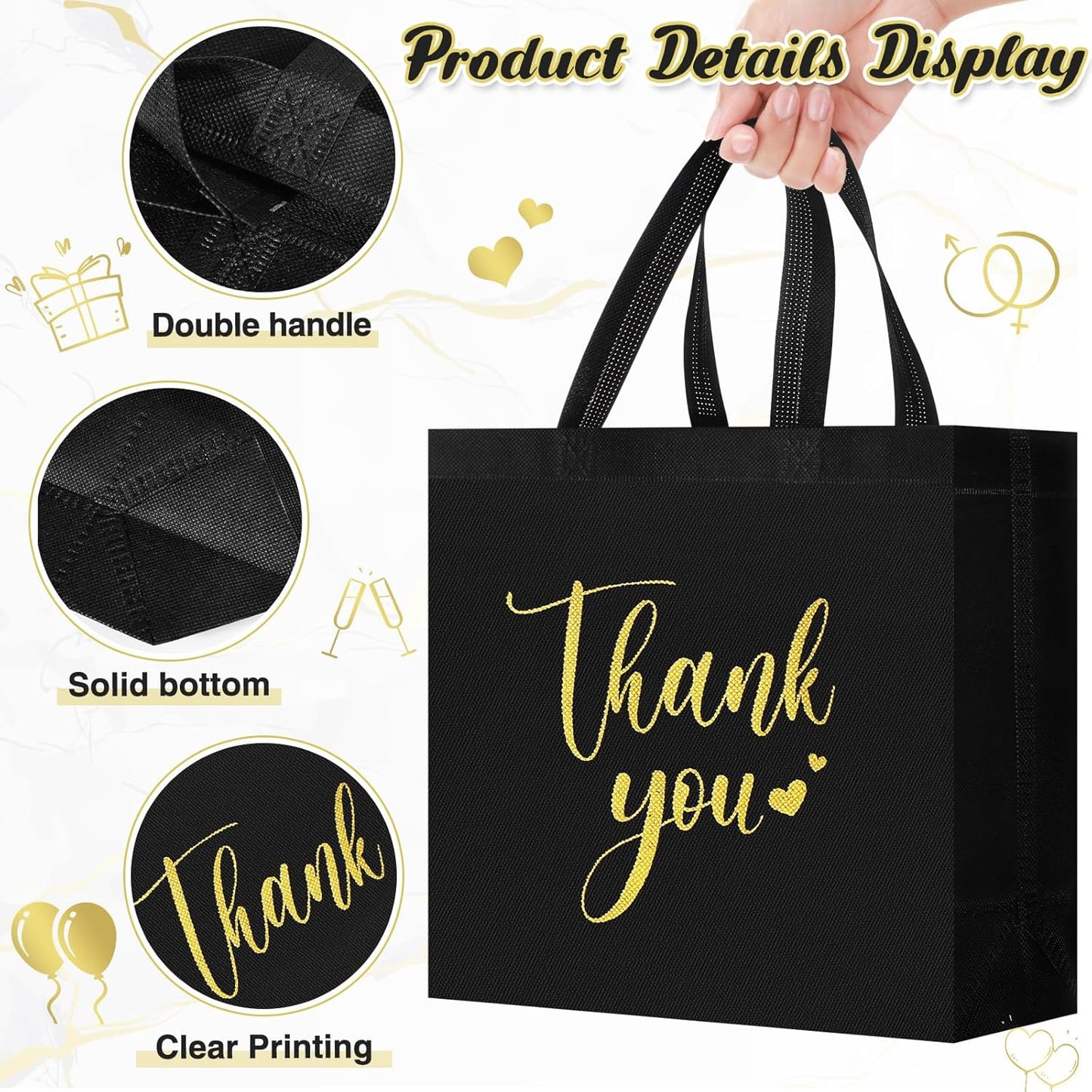 Sweetude 30 Pcs Thank You Gift Bags with Handles Bulk Reusable Goodie Bag Non Woven Foldable Handbag for Graduation Wedding Bridesmaid Gifts(11 x 12 x 5 Inch,Black)