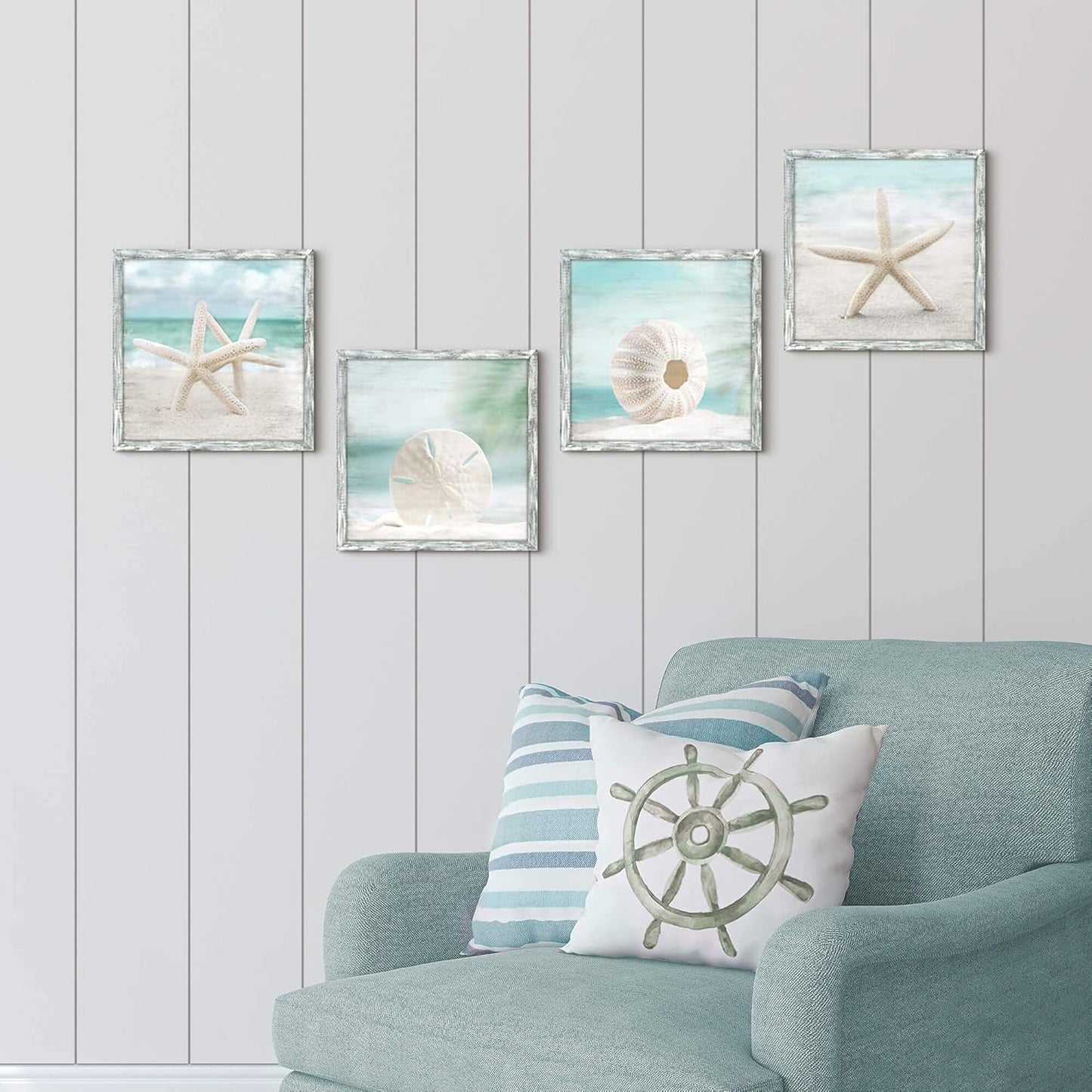 Beach Framed Wooden Wall Art: Ocean Artwork Set of 4 Starfish Seashell & Sand Dollar Pictures Prints Seascape Wall Decor for Bedroom