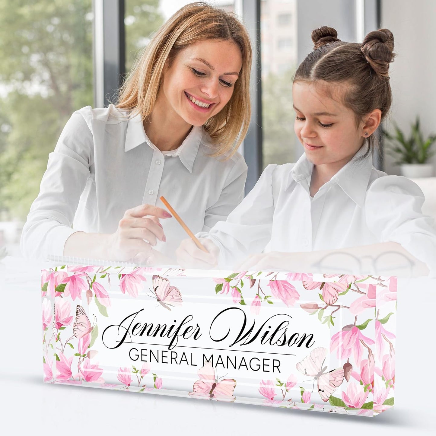 Personalized Acrylic Desk Name Plate - Custom Employee Appreciation Gifts - Office Gifts for Women, Men, Boss, Coworkers, Teacher, Nurse (Pink Flower Butterfly)