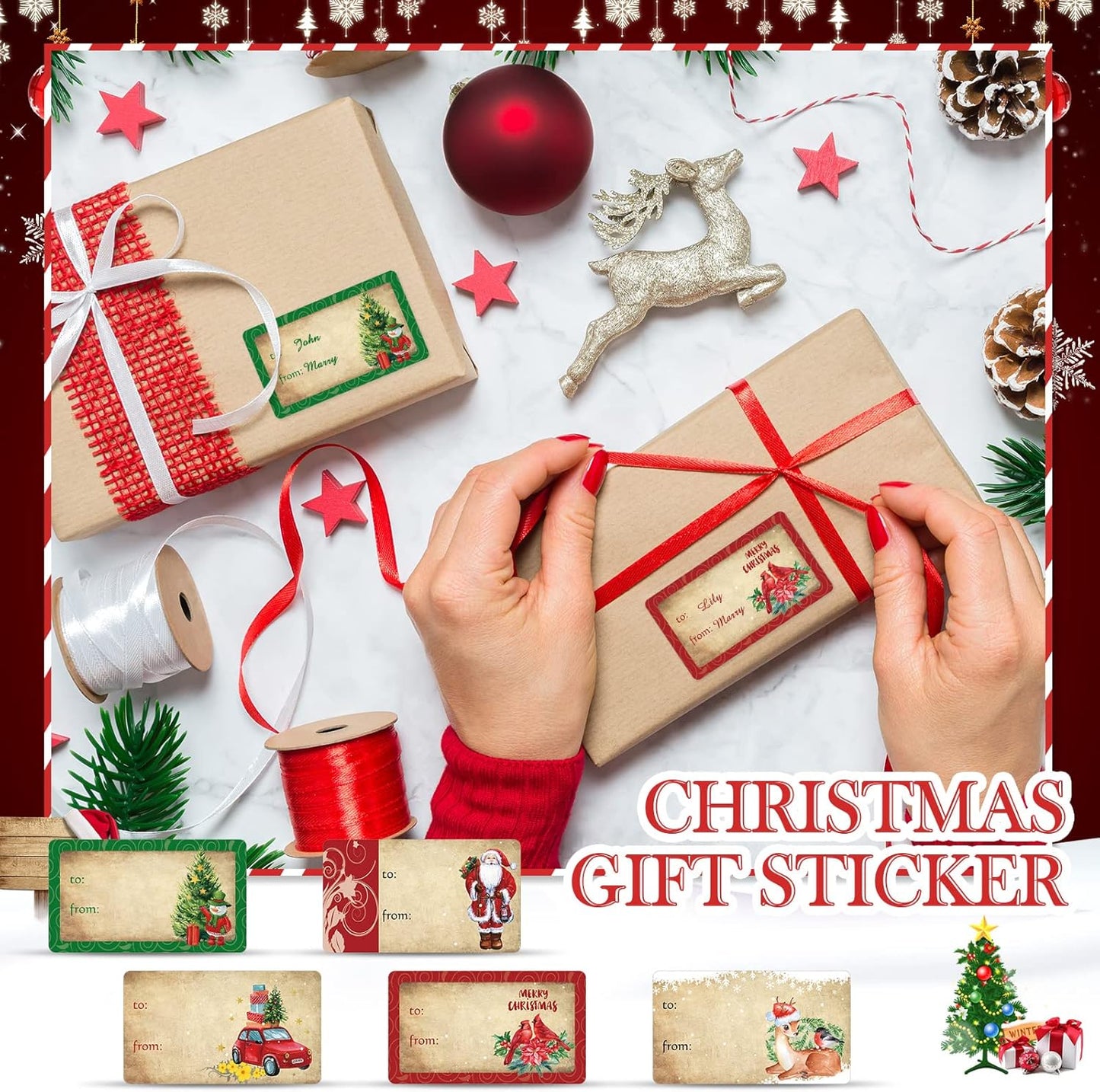 Outus 500 Pieces Christmas Tags Self Adhesive Gift Tags for Xmas Presents Christmas Name Labels Stickers for Wrapping Paper Festival Birthday Holiday Decor(Watercolor Style,2.95 x 1.6 Inch)