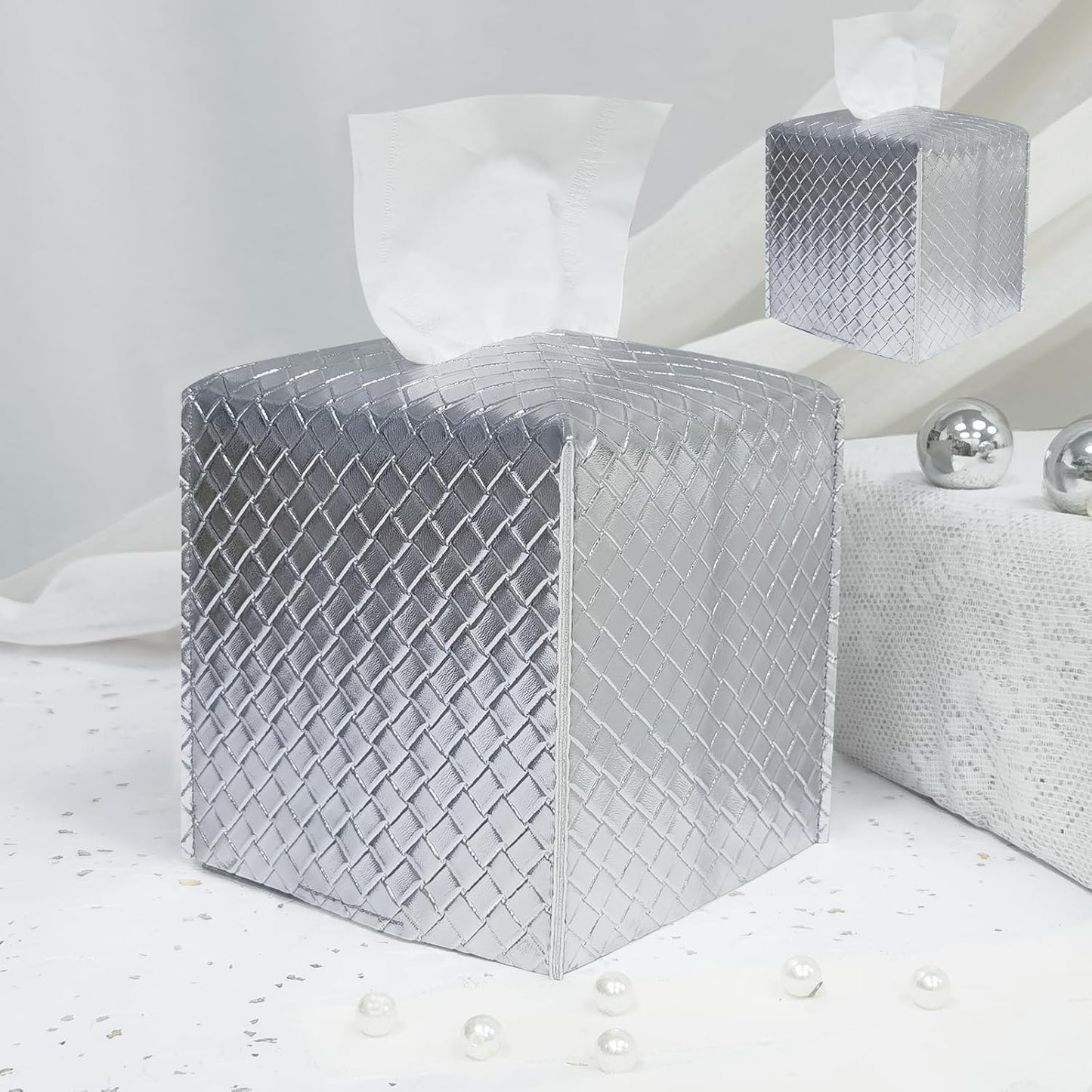 HOMOTEK 2 Pack Tissue Box Cover, Square PU Leather Tissue Holder, Decorative Facial Tissue Cube Paper Organizer Dispenser for Bathroom, Night Stands, Desk, Car 5X5X5'' - Woven Waffle, Silver