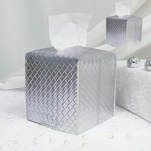 HOMOTEK 2 Pack Tissue Box Cover, Square PU Leather Tissue Holder, Decorative Facial Tissue Cube Paper Organizer Dispenser for Bathroom, Night Stands, Desk, Car 5X5X5'' - Woven Waffle, Silver