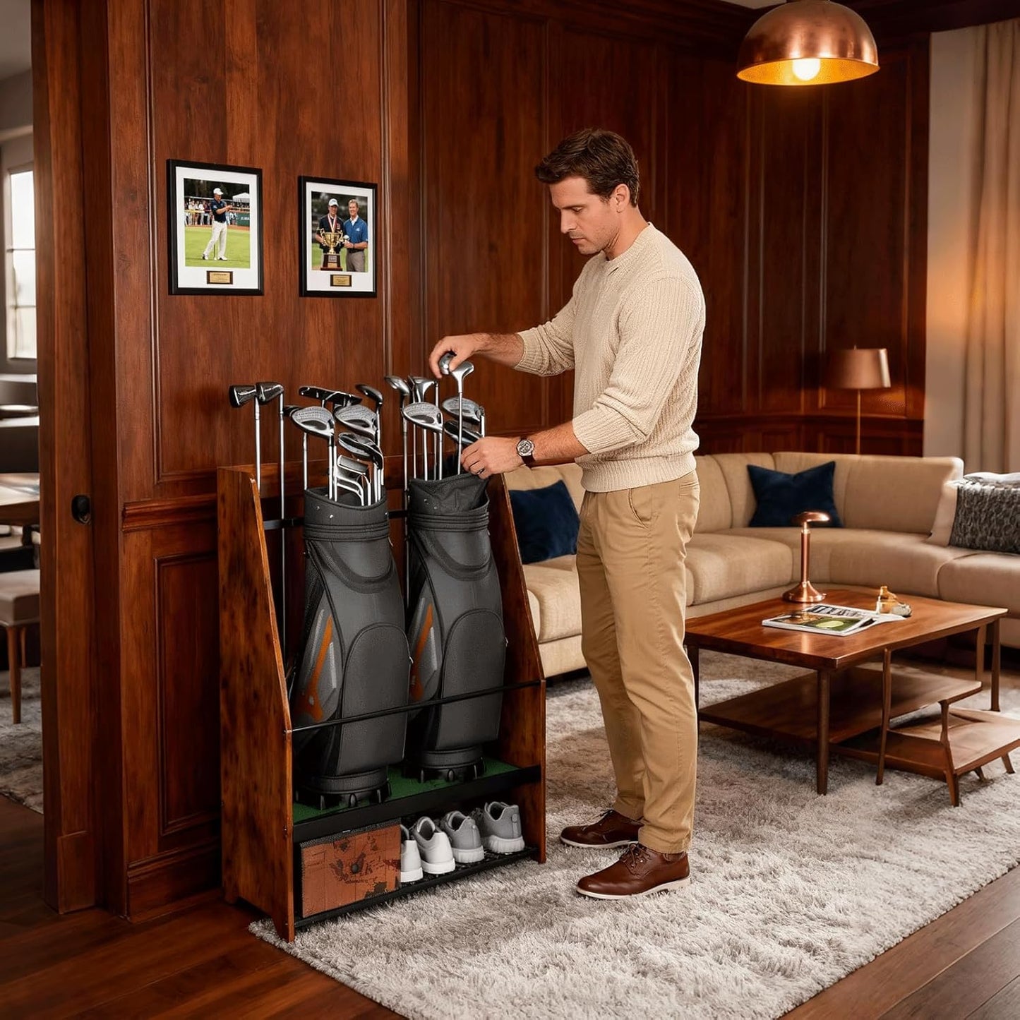 Golf Bag Organizer Rack – Large Wooden Golf Storage for 2 Bags, Clubs & Accessories with Dustproof Drawer, Sports Equipment Rack for Garage, Practice Room, Home or Office (Black)