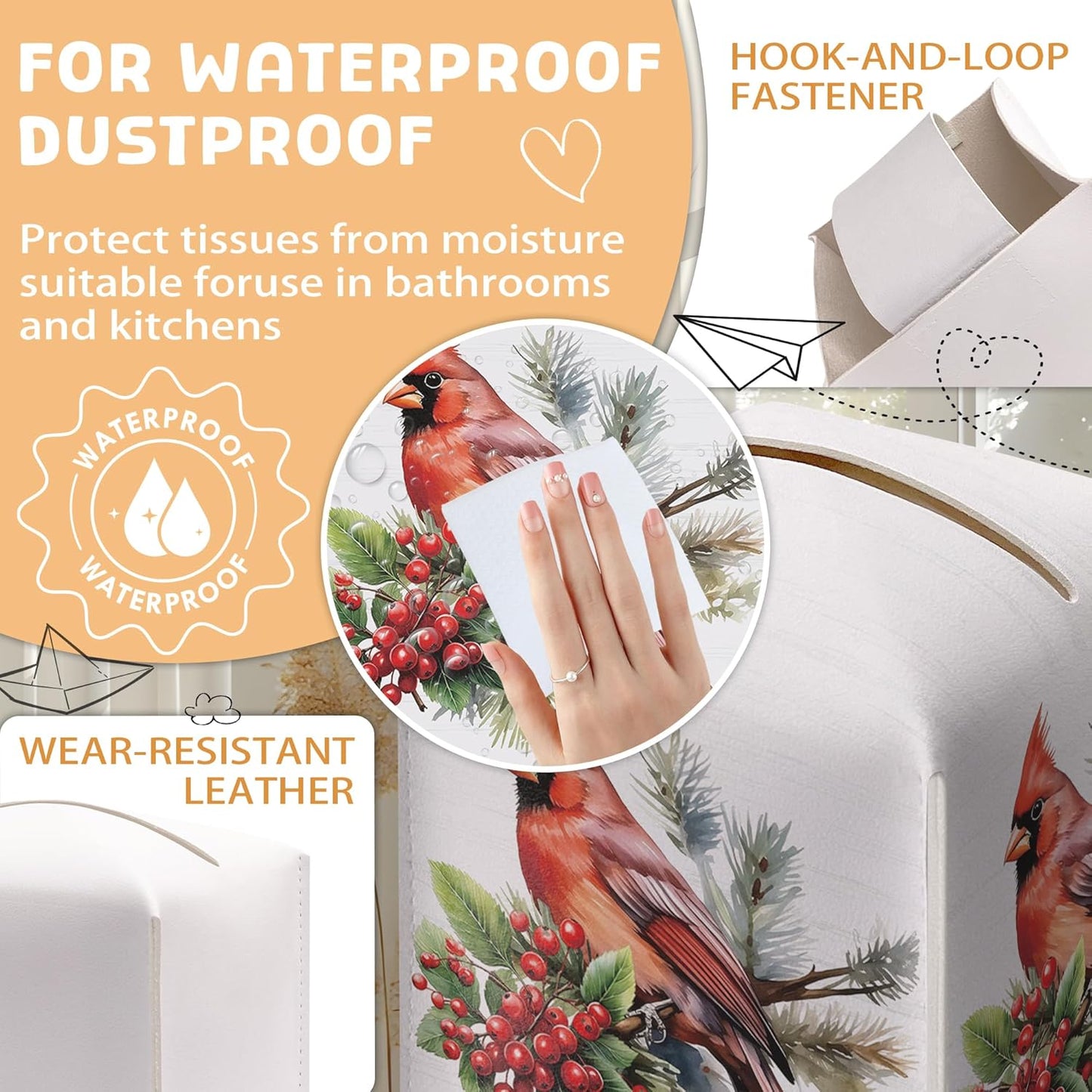 Christmas Tissue Box Holder, Christmas Cardinal Leather Tissue Box Cover Square with Bottom Belt, Paper Facial Decorative Tissues Cover for Night Stands Bathroom Office Home Decor-B11