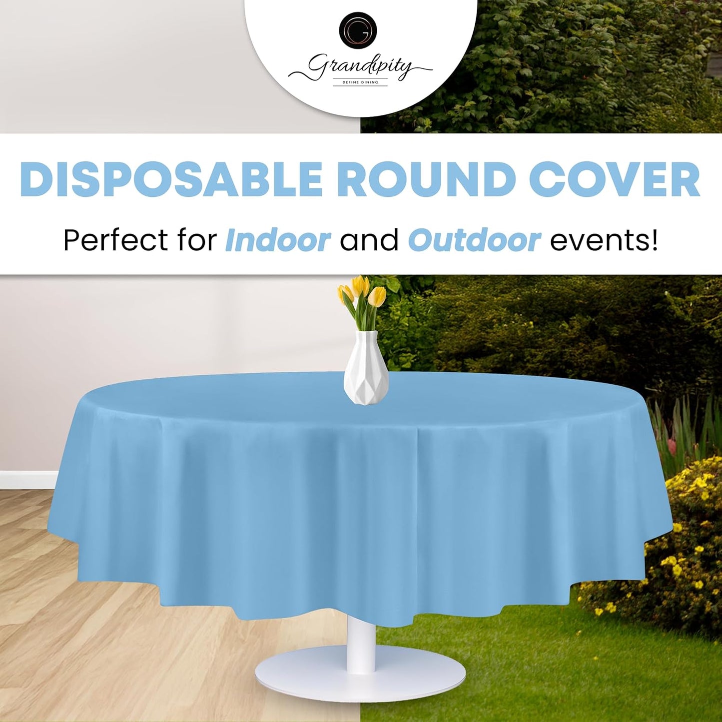 Grandipity 12 Pack Premium Disposable Plastic Tablecloth 84" Inch Decorative Round Table Cover - Sky Blue