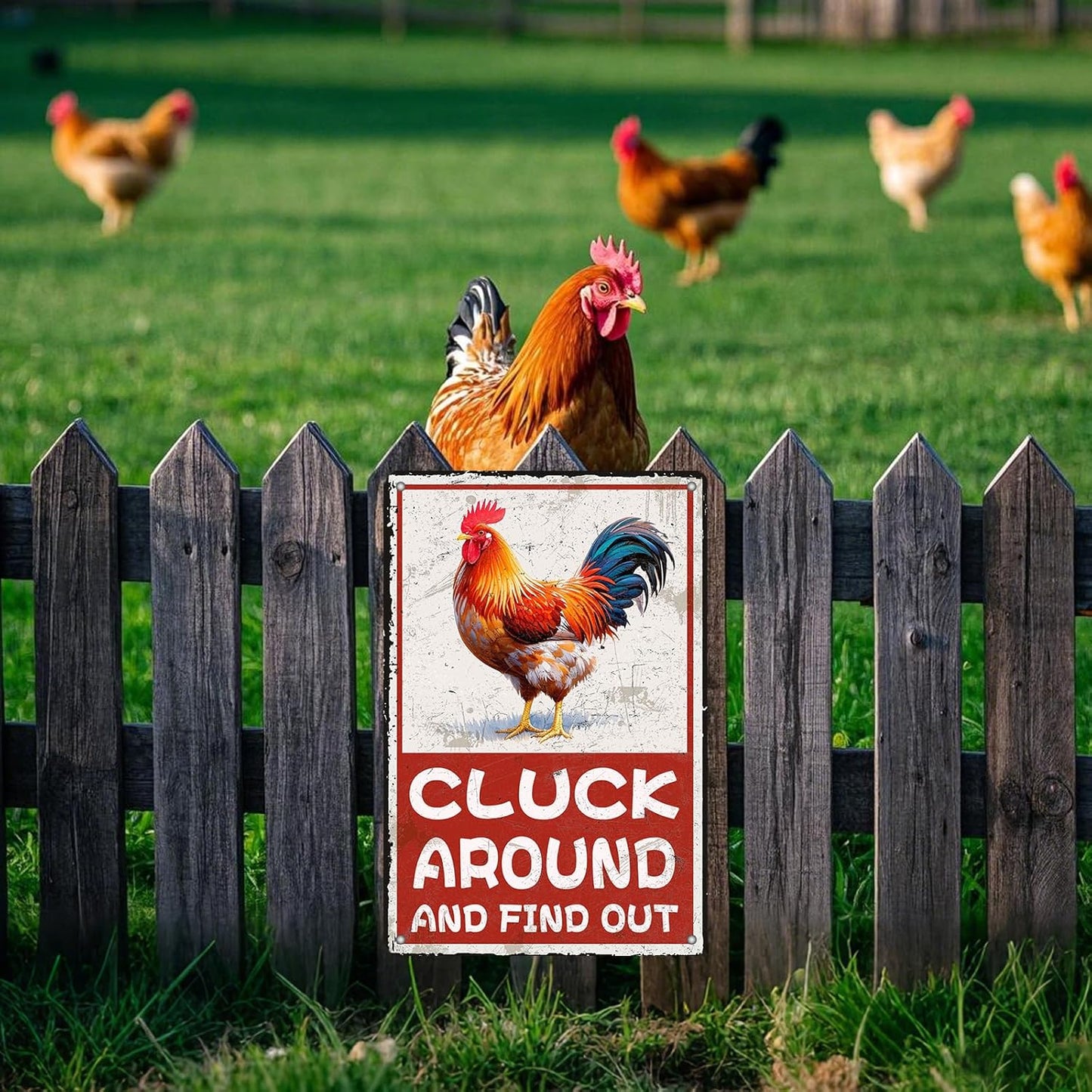 Cluck Around And Find Out Humorous Chicken Metal Tin Sign 12x8 Inch Farm Warning Poster Chicken Farm Tin Sign Home Kitchen Garden Cafe Office Shop Are Wall Decor
