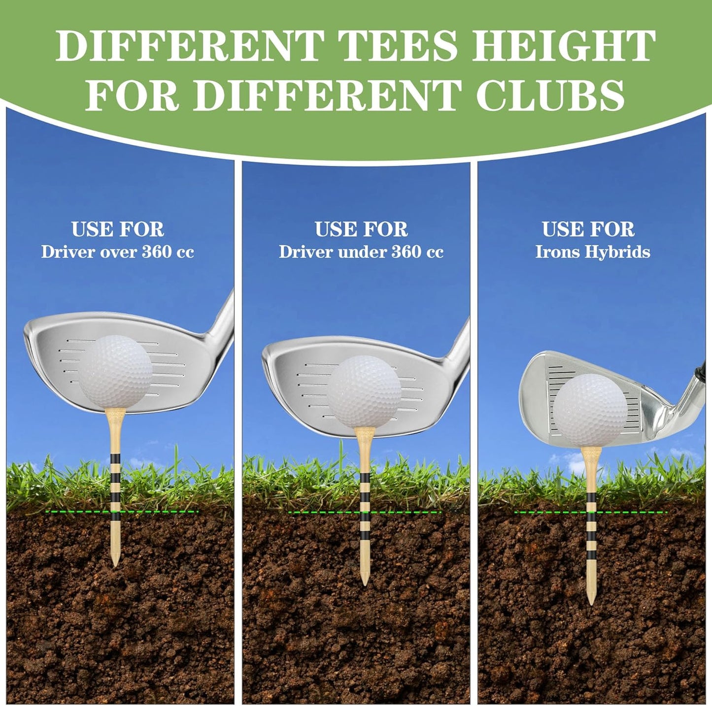 Natrual Wooden Golf Tees 100 Pack (2-3/4" & 3-1/4" Available) Biodegradable Bamboo Golf Tees,More Sturdy and Stable,Natural/White Color