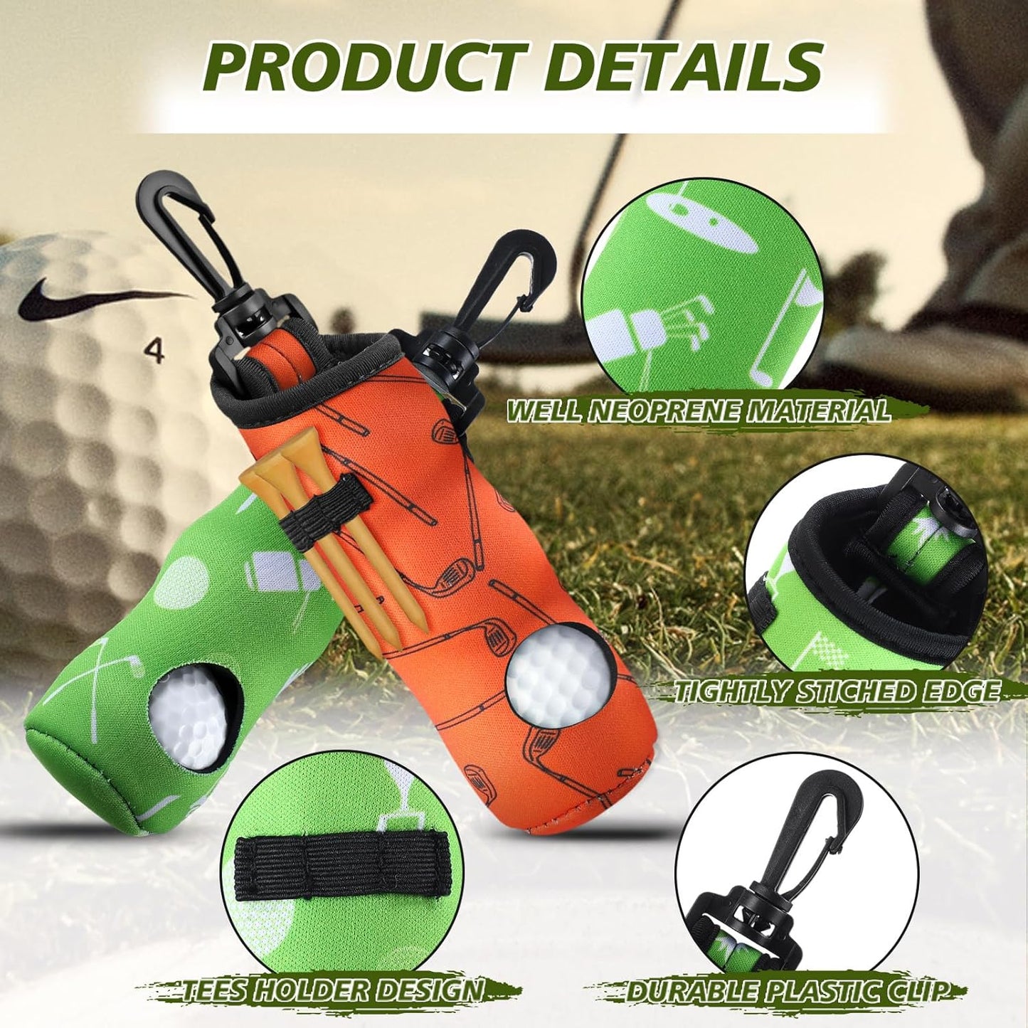 4 Pieces Golf Tee Holder Golf Ball Carry Bag Pouch Ball Holder Keychain Belt Clip Gifts Accessories