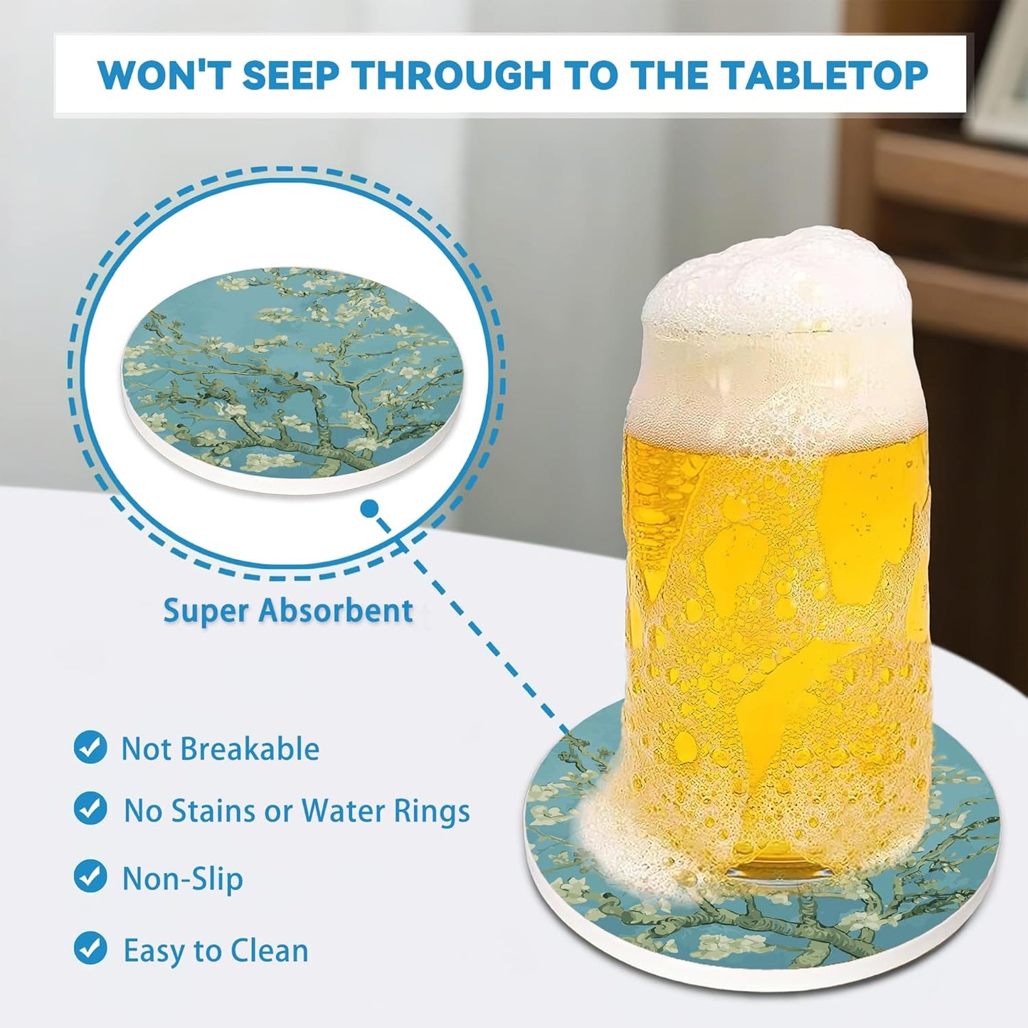 Drinks Coasters Set of 4, Almond Blossoms Round 4" Absorbent Ceramic Stone Coasters with Cork Base, Cute Coaster for Table Home Décor, Ideal Gifts for Women Men