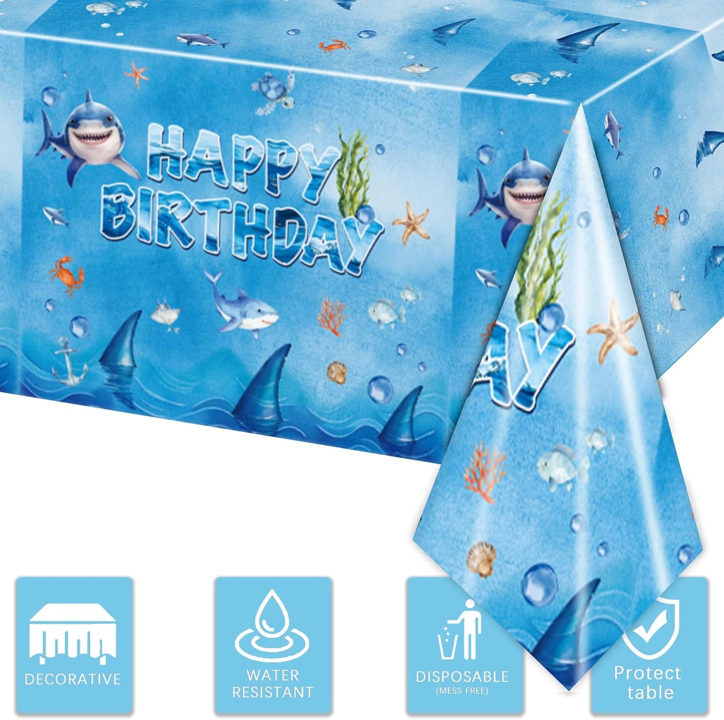 3 PCS Shark Tablecloth Party Supplies Shark Themed Birthday Party Decorations，54 x 108inch
