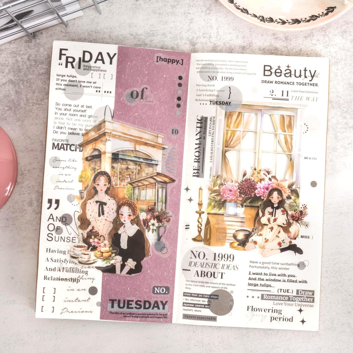 Girl's Diary Pre-Cut Sticker Book Set, 60 Pages of PET & Washi Ephemera for Scrapbooking, Journaling, DIY Crafting, and Art Supplies