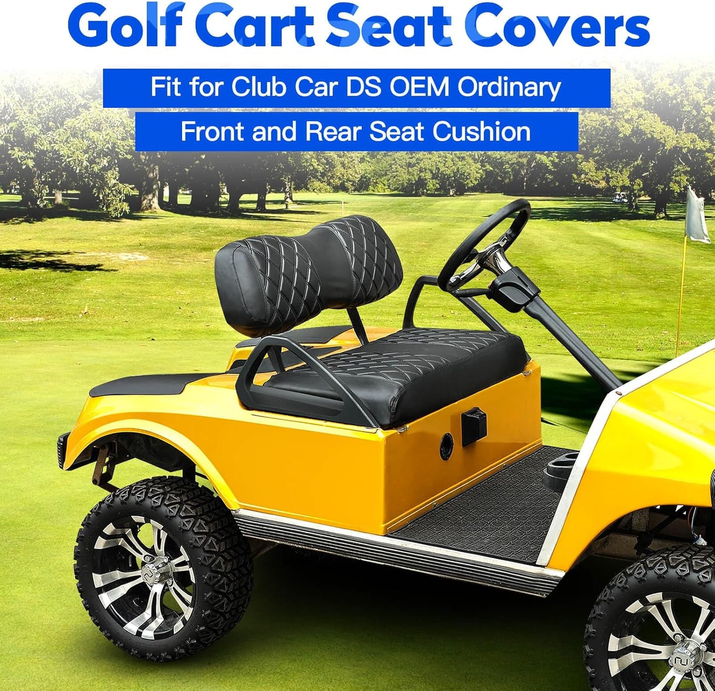 NOKINS 4PCS Golf Cart Diamond Seat Covers Kit, Front and Rear Seat Covers Fits Club Car DS 2000.5-Up Standard Seat Cushion, Club Car DS Vinyl Seat Covers Accessories(Black&Black Stitching)