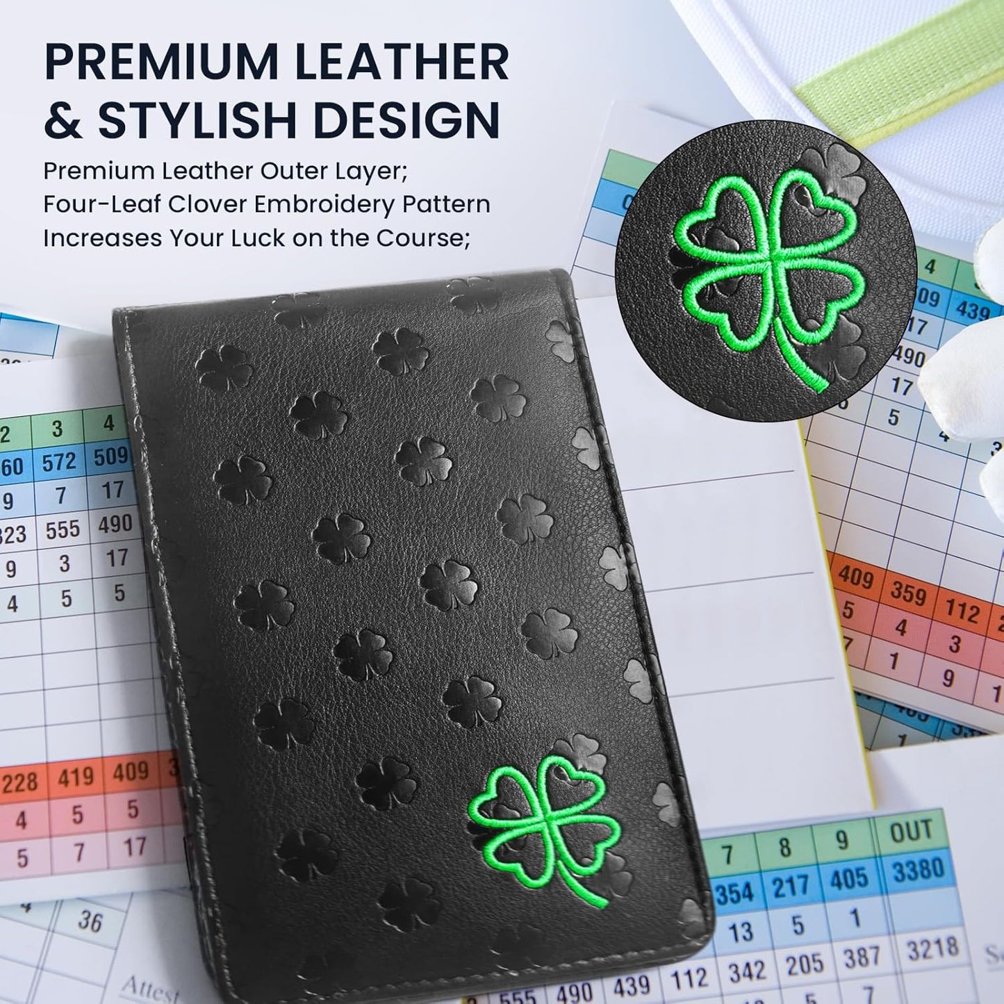 FINGER TEN Golf Scorecard Holder with 2 Free Pencils Value Pack, Premium Leather Yardage Books Cover Weatherproof, Lightweight Portable Score Tracking Accessories for Men Women