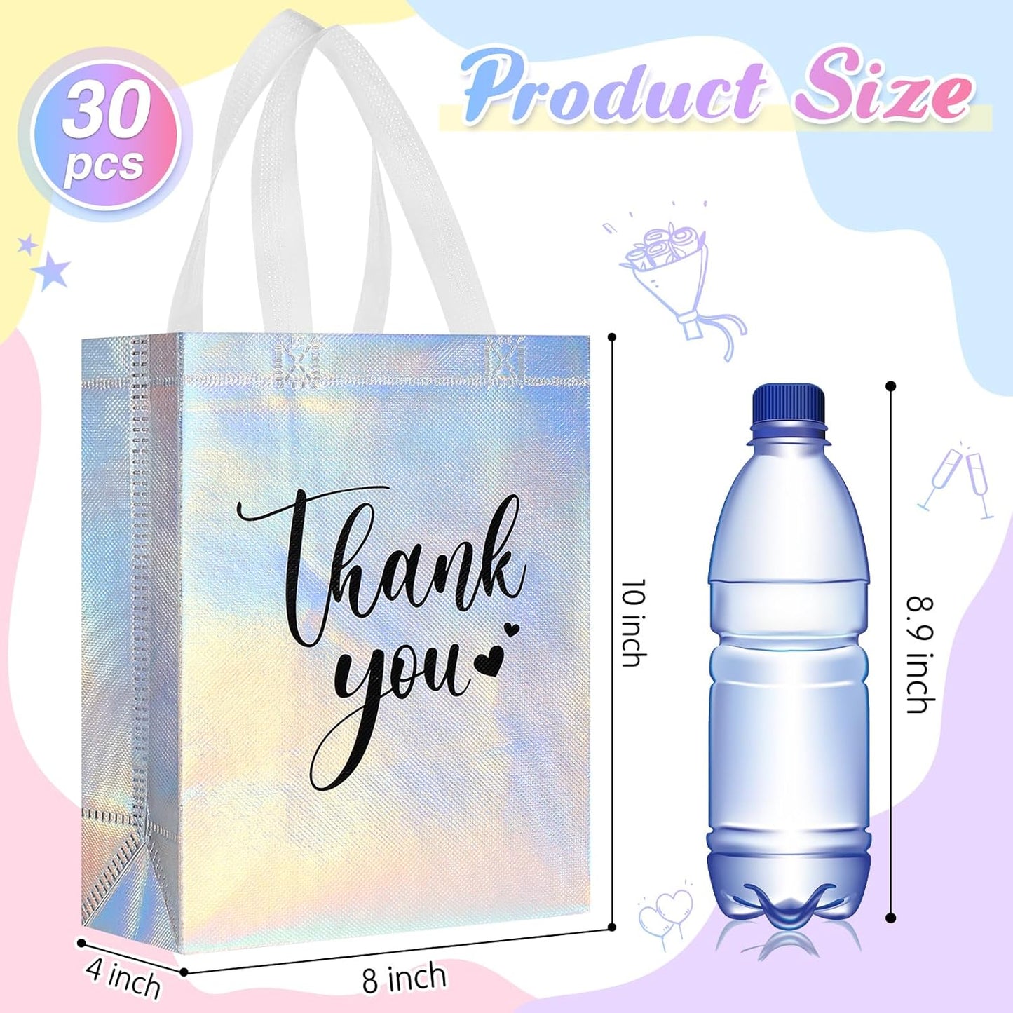 Sweetude 30 Pcs Thank You Gift Bags with Handles Bulk Reusable Goodie Bag Non Woven Foldable Handbag for Graduation Wedding Bridesmaid Gifts(10 x 8 x 4 Inch,Laser)