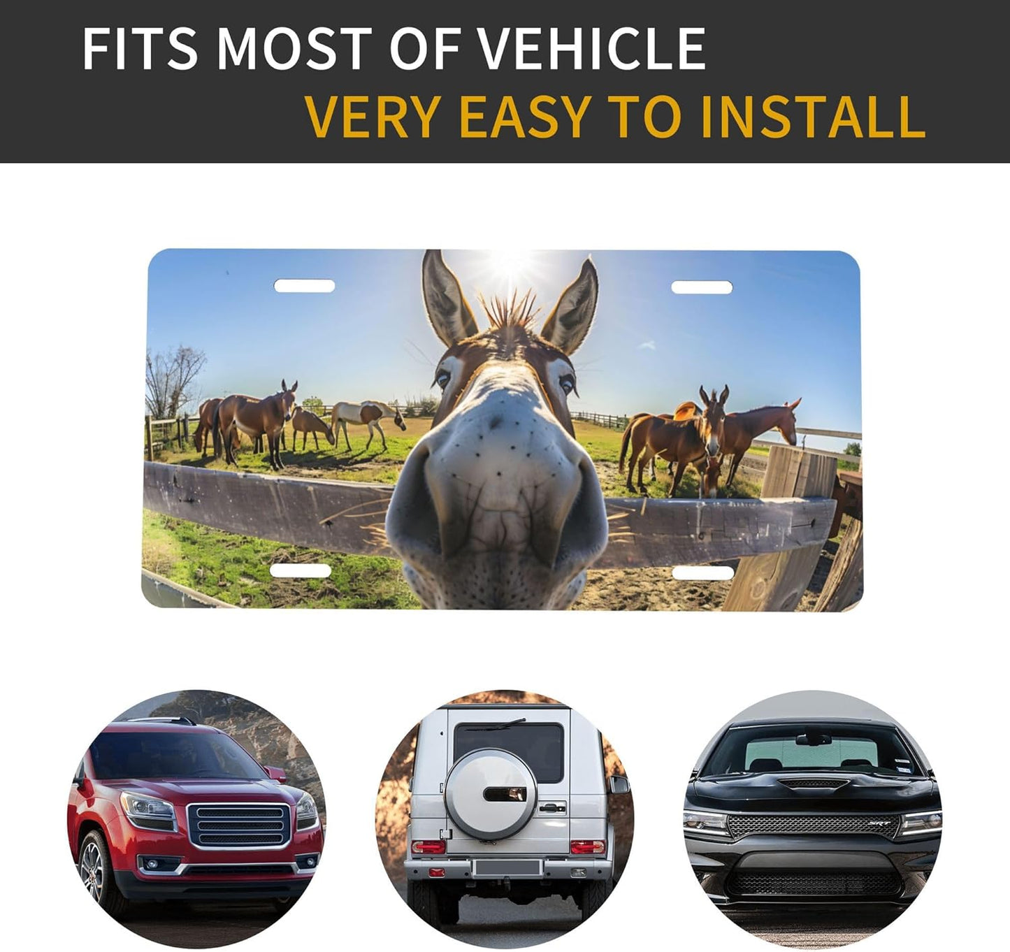 Grass Animal Donkey Countryside Front License Plate for Car Designs Stainless License Plate Cover Holder for Men Women Metal Aluminum Decorative Accessory Vanity Tag Standard 6 X 12 Inch (4 Holes)