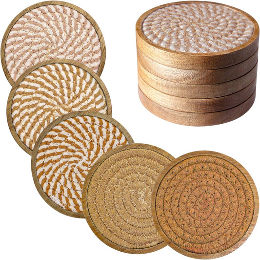 5 Pack Coasters for Drinks Absorbent, 4.3 inches Cork Coasters for Coffee Tables, Wooden Drink Coasters for Table Protection, Cute Coasters for Kitchen, Farmhouse, Bar, and Office (Brown Series)