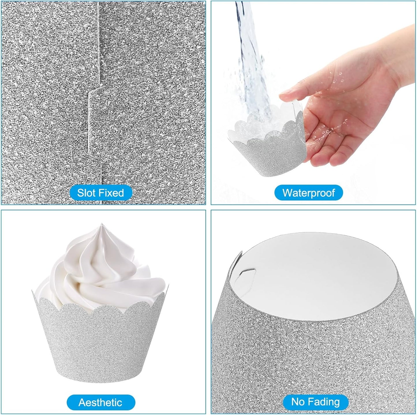 PATIKIL Cupcake Wrappers Paper, 50 Pack Baking Cups Standard Wave Decoration for Anniversary Birthday Weddings and Parties, Light Silver