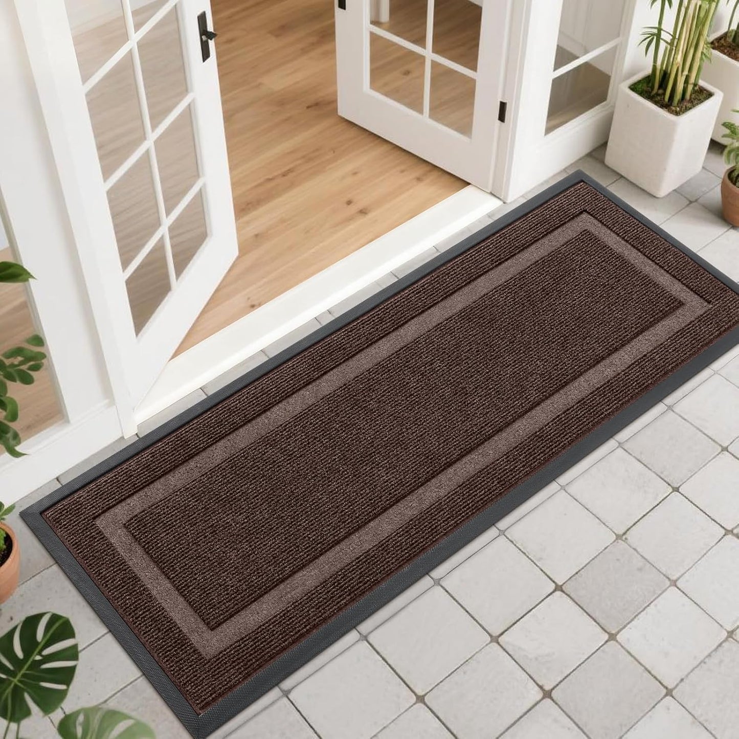 OLANLY Front Door Mat Indoor Outdoor Entrance, Waterproof All-Season, All-Weather Doormat, Sturdy Natural Rubber, Fade Resistant, Low Profile, Easy Clean Patio Porch Entryway Mat, 47x17, Dark Brown