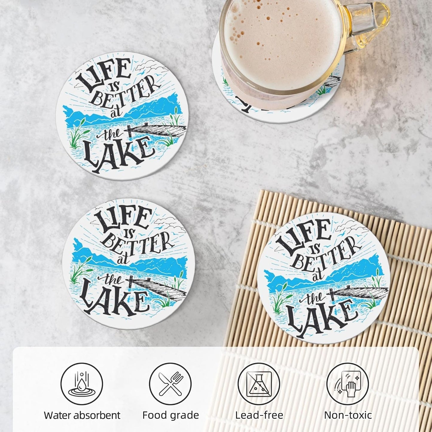 Life is Better Lake Coasters for Drinks Set of 4, Absorbent Ceramic Drink Coasters for Coffee Table Wooden Table Cup Bar, 4 Inches