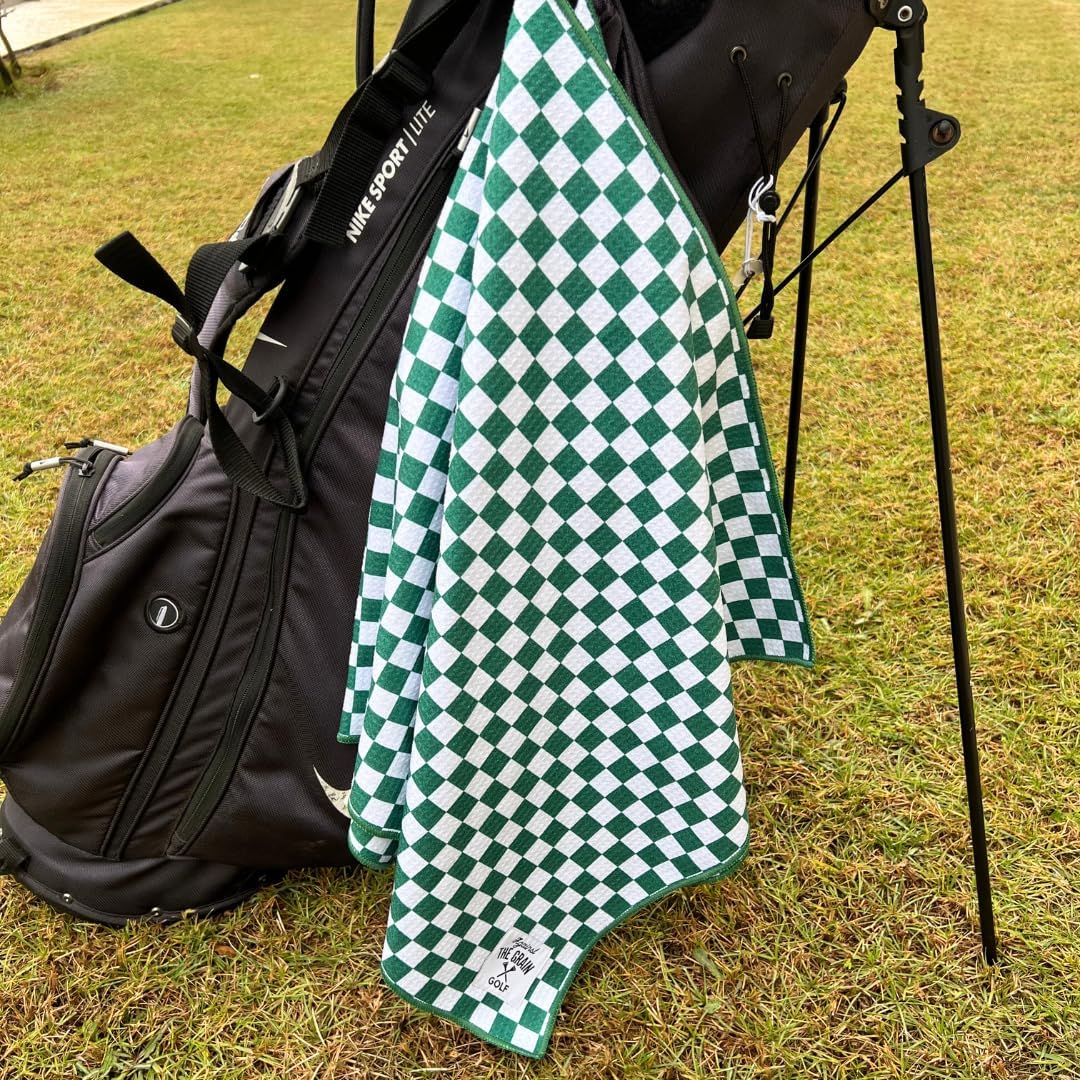 Against The Grain Microfiber Golf Towel with Clip - (20"x40") Green & White Checkered Design Golf Club Towel, Golf Towels for Golf Bags for Men & Women