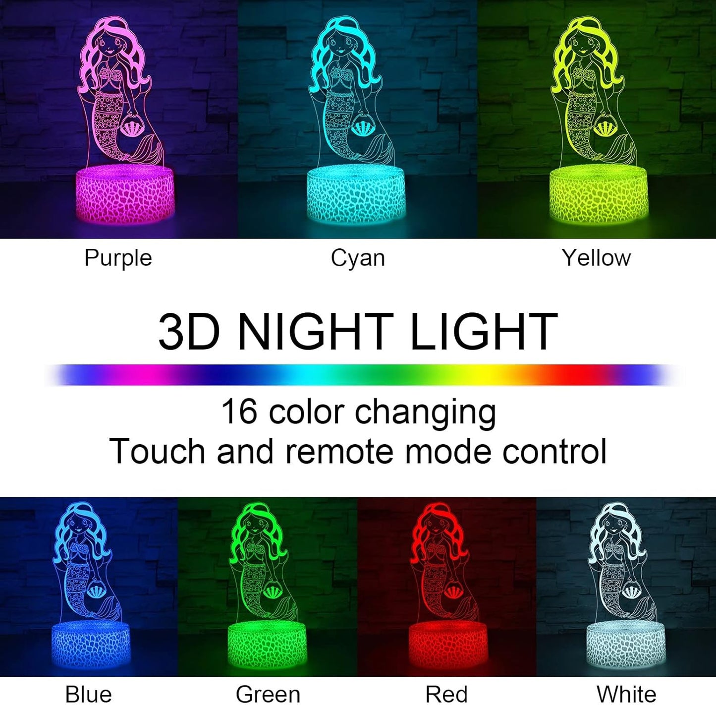 i-CHONY Mermaid Gifts Night Light for Girls,3D Illusion Lamp with Remote & Smart Touch 16 Colors Dimmable Bedroom Decorations Bedside Lamp,Mermaid Toys for Kids Girls Teens Birthday Gift