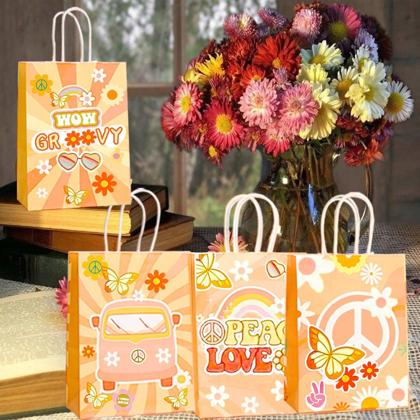 CZWXOXO 24 Pcs Groovy Party Favor Bags 6 Styles Groovy Retro Hippie Goodie Bags Stay Groovy Paper Gift Bags Daisy Flower Treat Bag with Handles for Girls 60's 70's Birthday Baby Shower Party Supplies