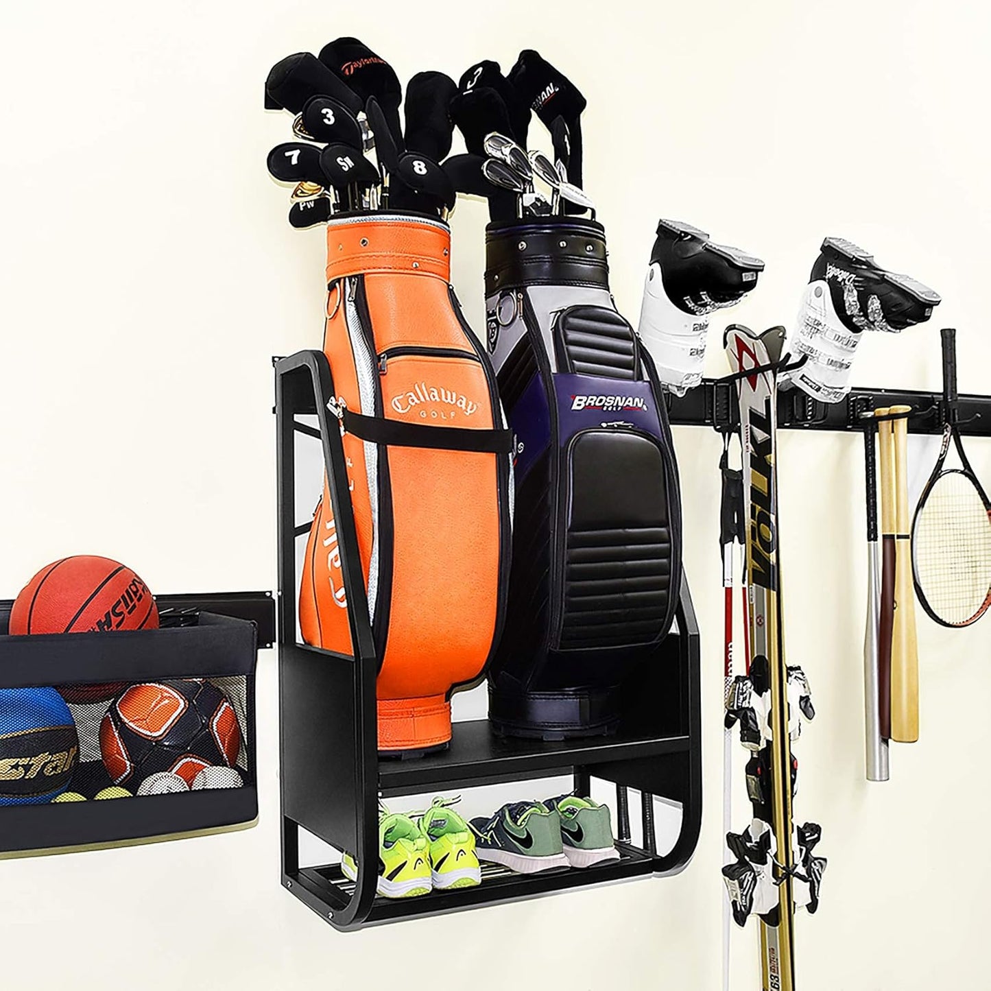 WALMANN Wall Mount Golf Bag Organizer Extra Large 2 Golf Bags Stand Golfing Equipment and Accessories Storage Rack for Garage Shed Basement