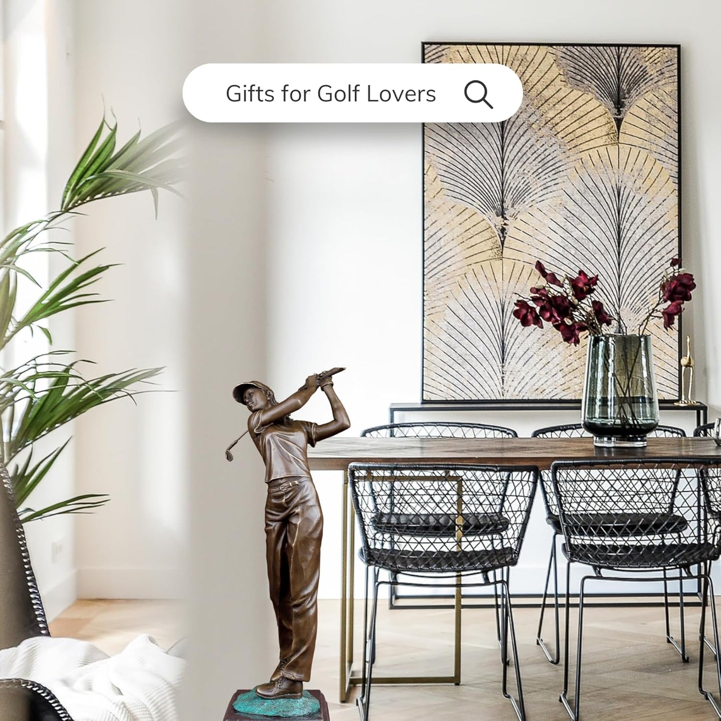 22'' Modern Golf Female Bronze Statue, Bronze Golfer Figurine Sculpture Ornament with Marble Base Classical Art Craft for Home Office Decor Collection Gift