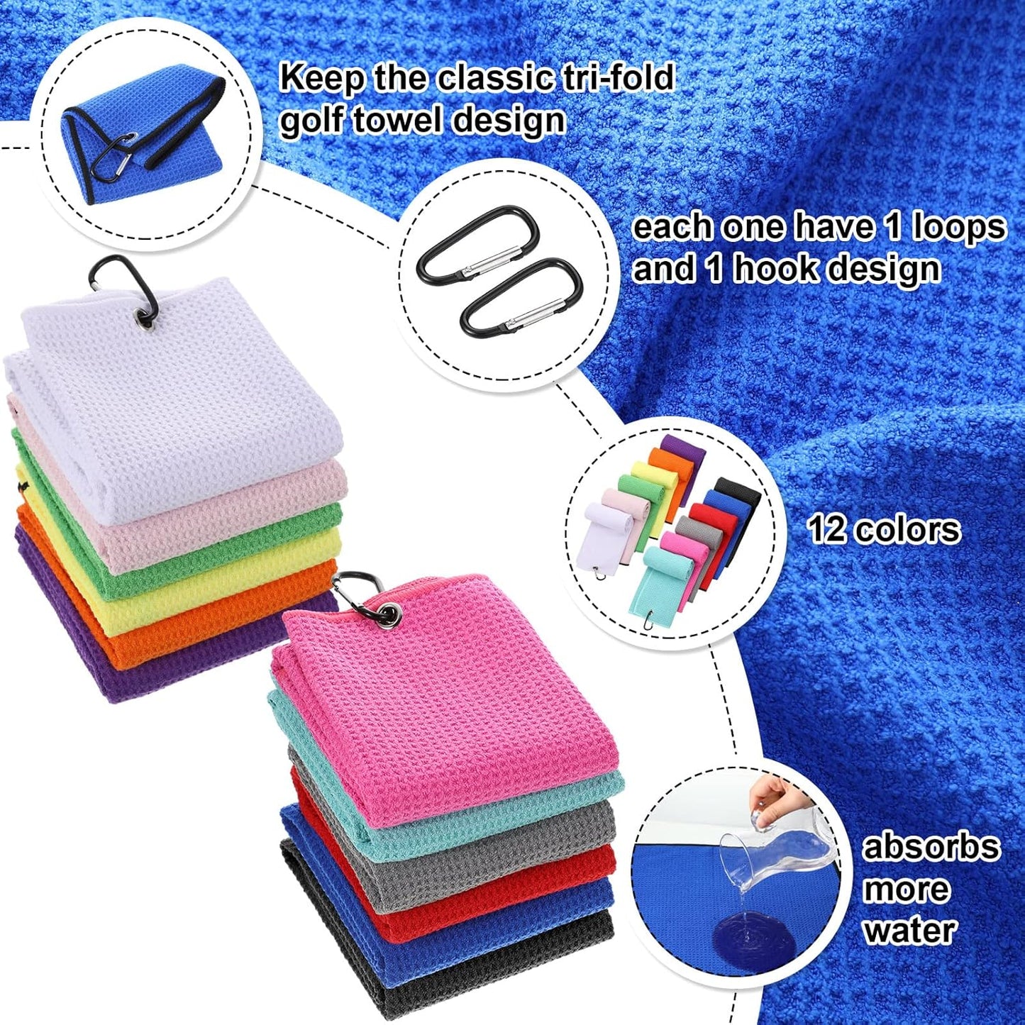 Batiyeer 12 Pcs Golf Towel Bulk for Golf Bags 16'' x 16'' Microfiber Fabric Towel with Clip Waffle Pattern, Fitness, Camping, Hiking, Yoga