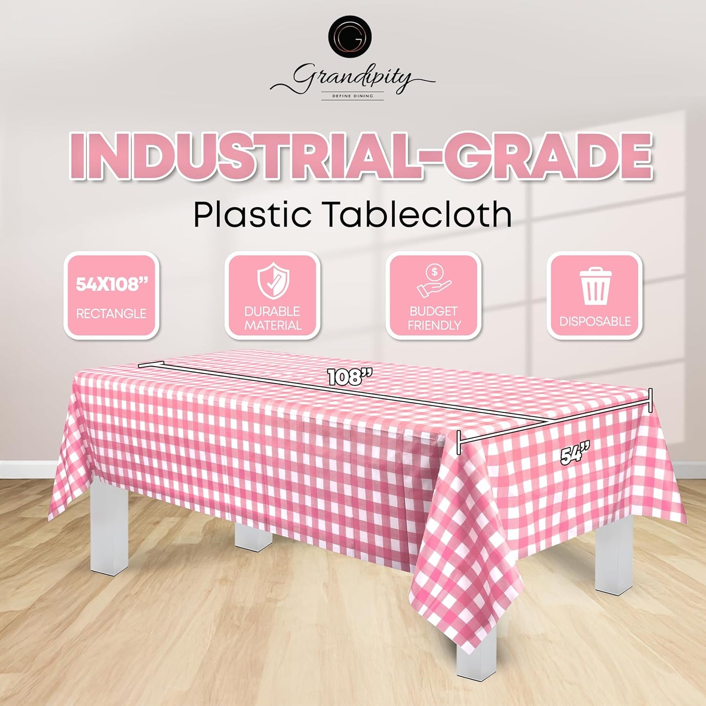Grandipity 12 Pack Premium Disposable Plastic Tablecloth 54 Inch. x 108 Inch. Decorative Rectangle Table Cover - Pink Checkered Gingham