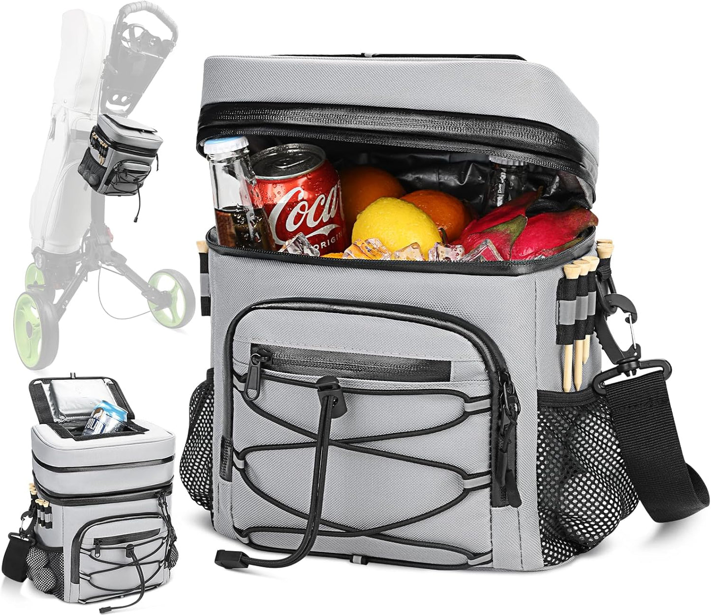 14-Can Golf Cart Expandable Cooler Bag, Soft Insulated Cooler Bag with Hook-and-Loop Lid & Golf Tees Holder for Camping & Outdoor Activities, Fits on Golf Cart Push Cart