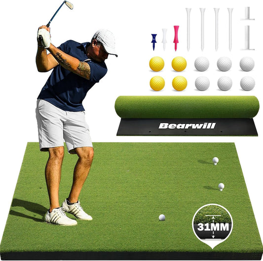 Bearwill Golf Mat 31mm, 5x4ft/5x5ft Golf Hitting Mats for Practice Outdoor Indoor, High-Elasticity Artificial Turf Mat for Garage Simulator Chipping Driving Training