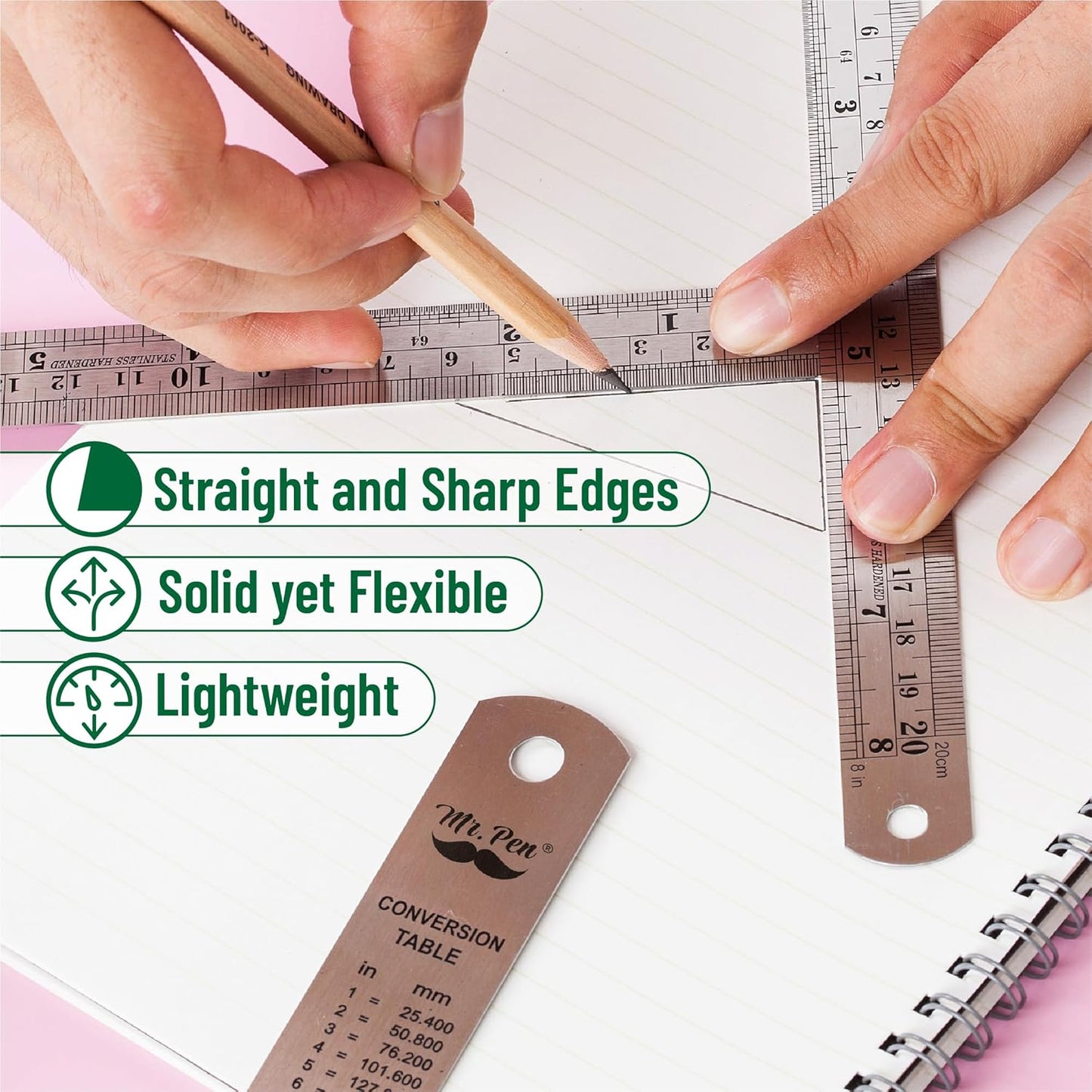 Mr. Pen Stainless Steel Ruler Set, 6-16", "Metric Metal Ruler, Long and Small Sizes, Straight Edge