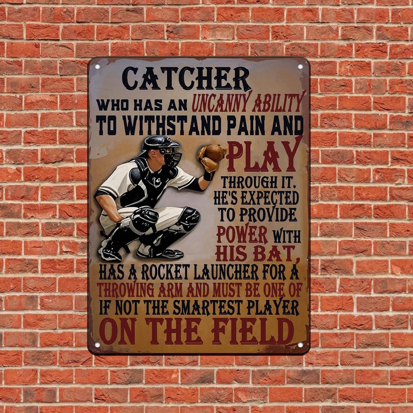 Baseball Catcher Metal Tin Sign Baseball Catcher Funny Sign Home Kitchen Wall Decor 12x16 Inch Funny Plaque