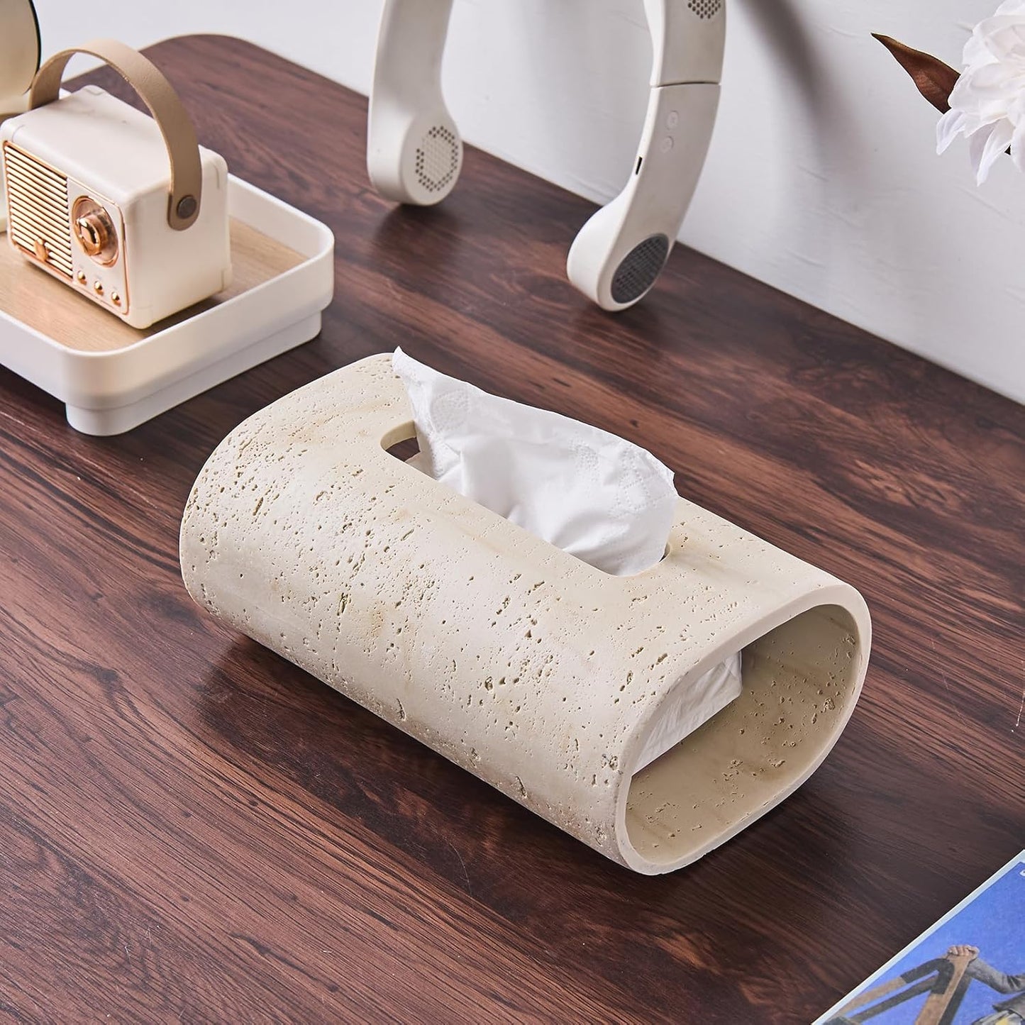 Natural Travertine Textures Tissue Box Holder Rectangle, Resin Facial Tissue Holder Cover, Decorative Bulk Tissue Paper Dispenser for Bathroom Kitchen Bedroom Living Room Office (Beige)