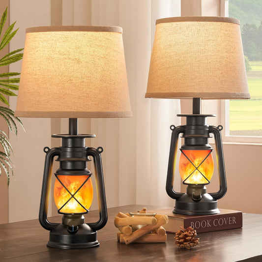 LEDIARY 18.72" Black LED Lantern Flickering Flame Table Lamps for Bedrooms Set of 2, Small Farmhouse Rustic End Table Lamps, Halloween Decorative Lantern Bedside Lamps for Living Room