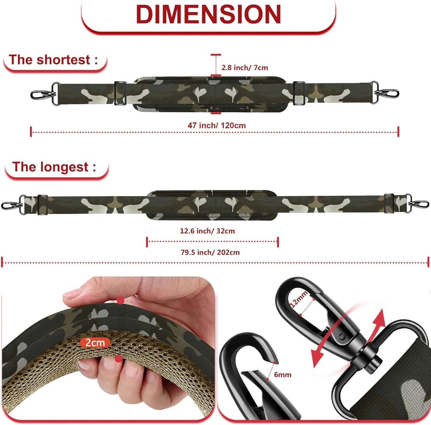 ZINZ 79.5" Universal Strap with Ultra-Thick Fixed Breathable Pad - Adjustable Heavy-Duty Shoulder Strap for Laptop, Crossbody, Luggage, Gym, Camera Bag and More,Camouflage Green