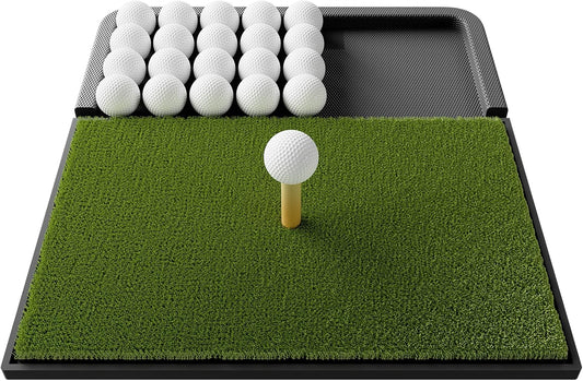 Integrated Golf Mat with Ball Tray, Small Thickening Golf Mats Practice Outdoor & Indoor, Artificial Grass with Anti-Slip Rubber Bottom Mat for Driving, Chipping Swing