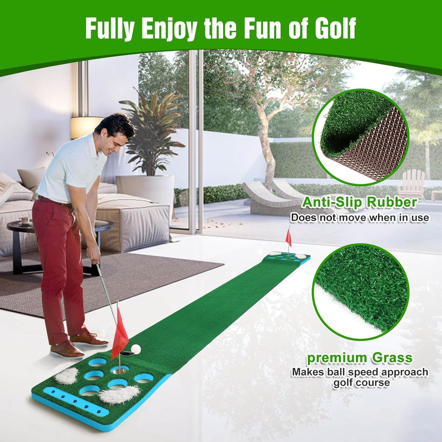 Golf Putting Game Set, Detachable Golf Putting Green Mat with 4 Balls, 2 Cups & Flags, 1 Portable Bag for Indoor & Outdoor Party Game Use
